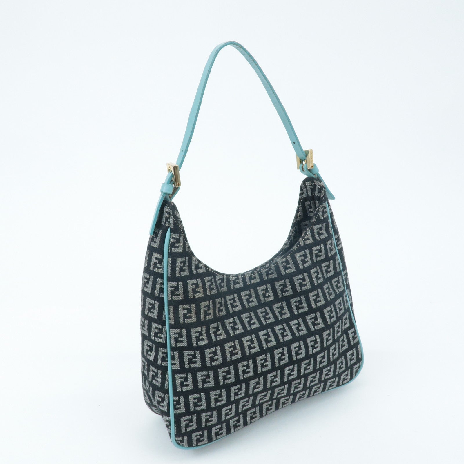 FENDI Zucchino Canvas Leather Shoulder Bag Black White Blue 8BR158 Used