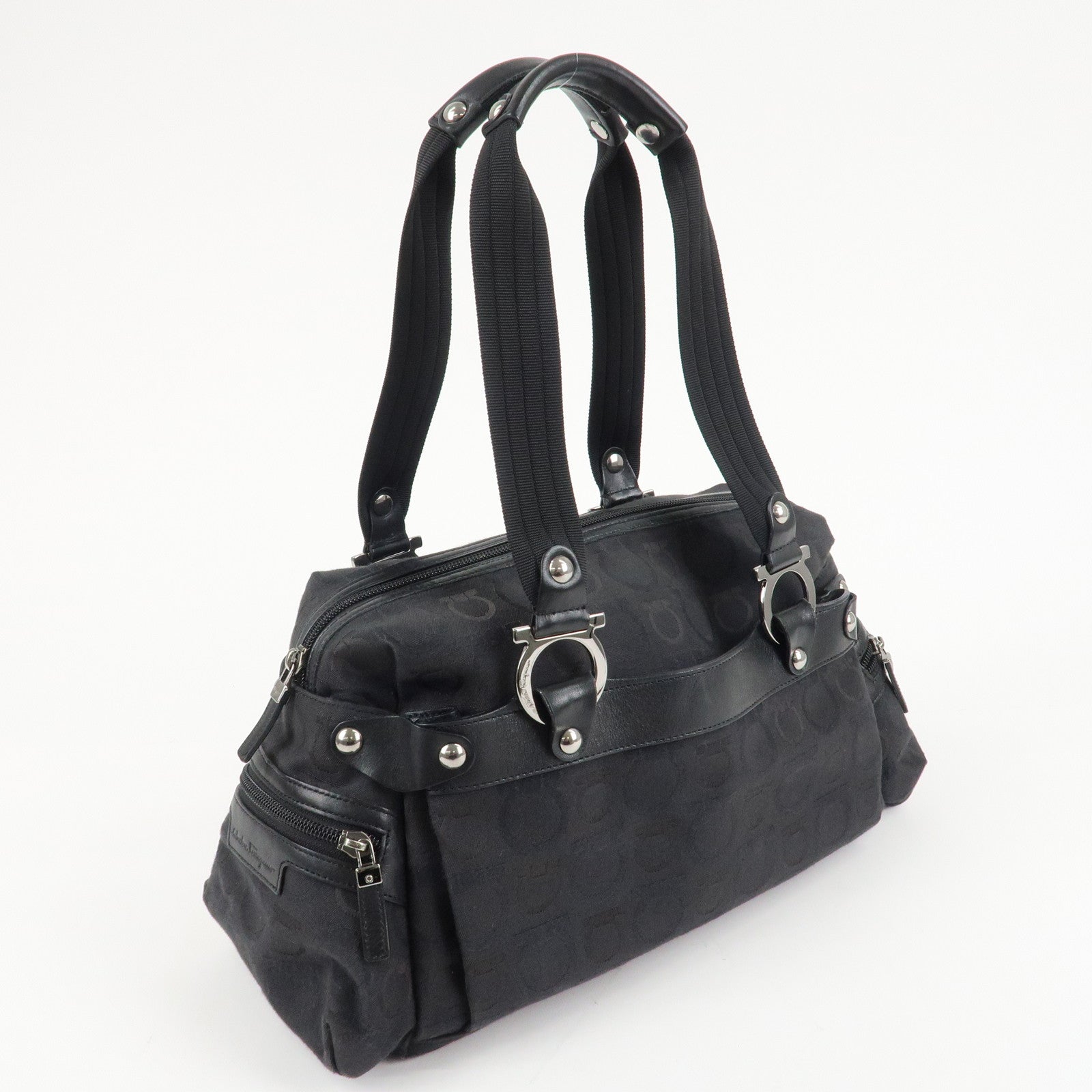 Ferragamo Gancini Pattern Canvas Leather Boston Bag Black Used