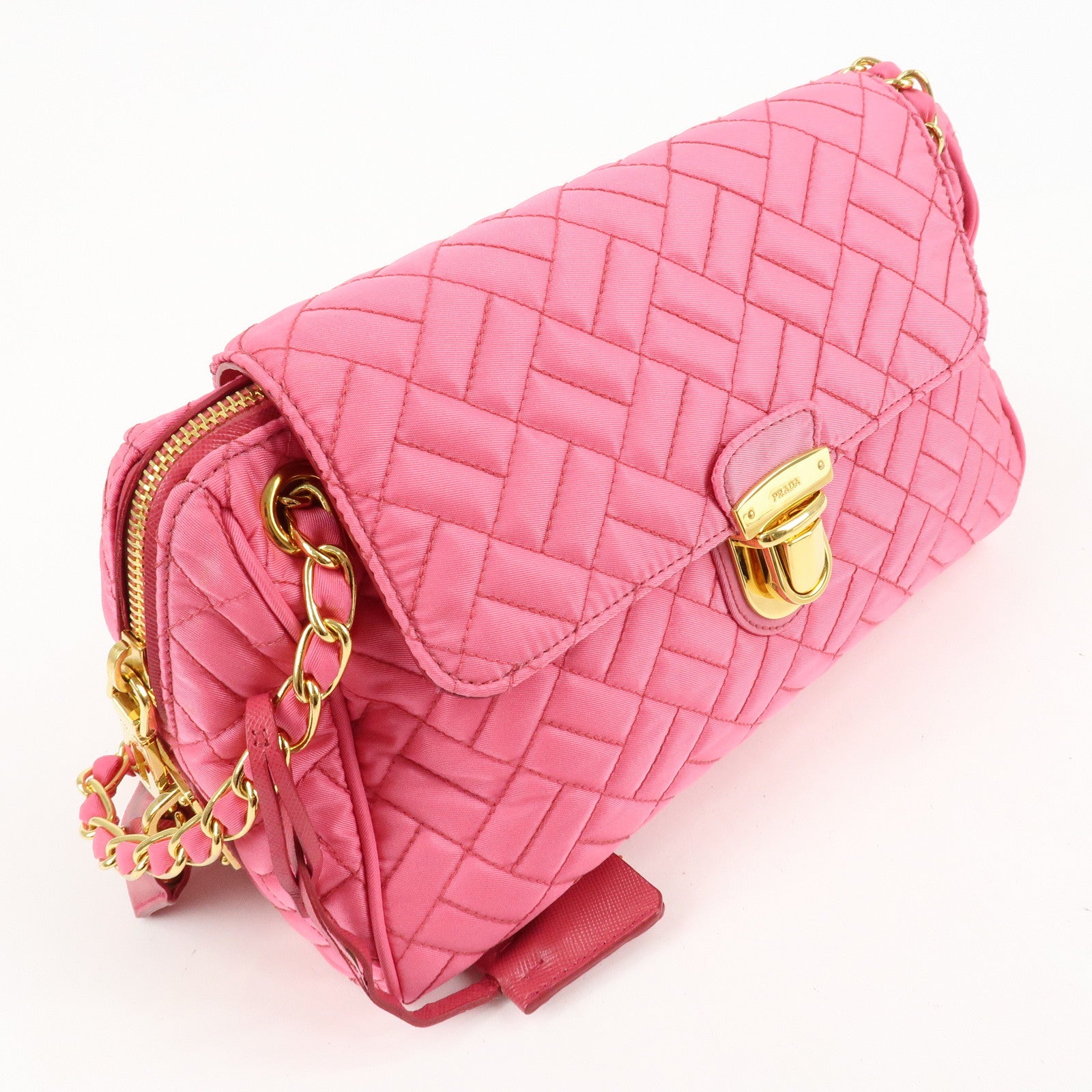 PRADA Nylon Leather Chain Shoulder Bag Pink BR4965 Used