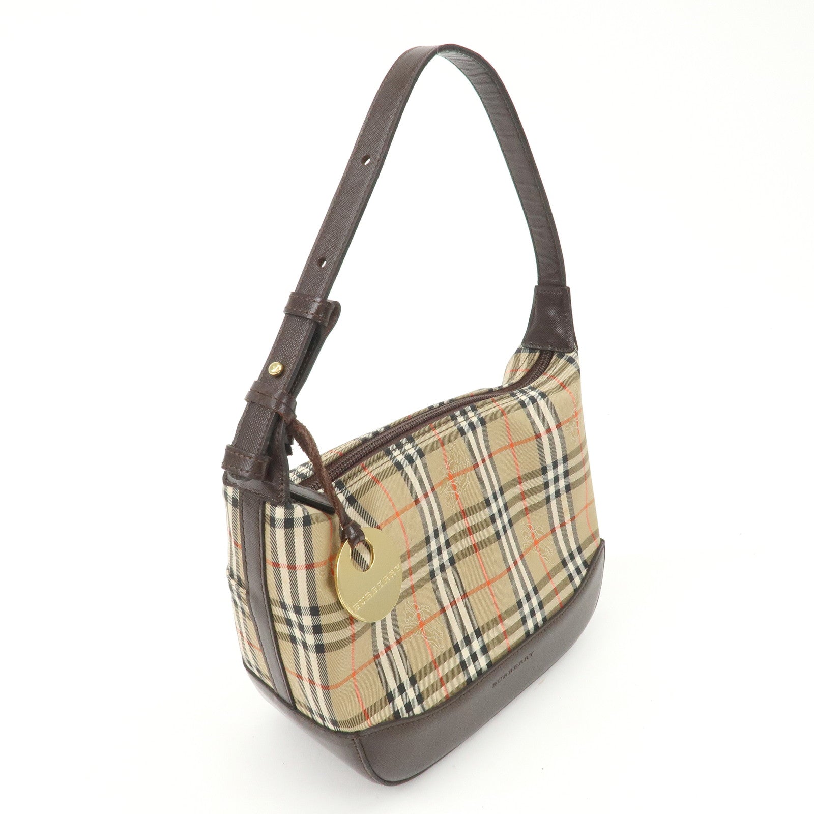 BURBERRY Nylon Leather Nova Plaid Shoulder Hand Bag Beige Black Used