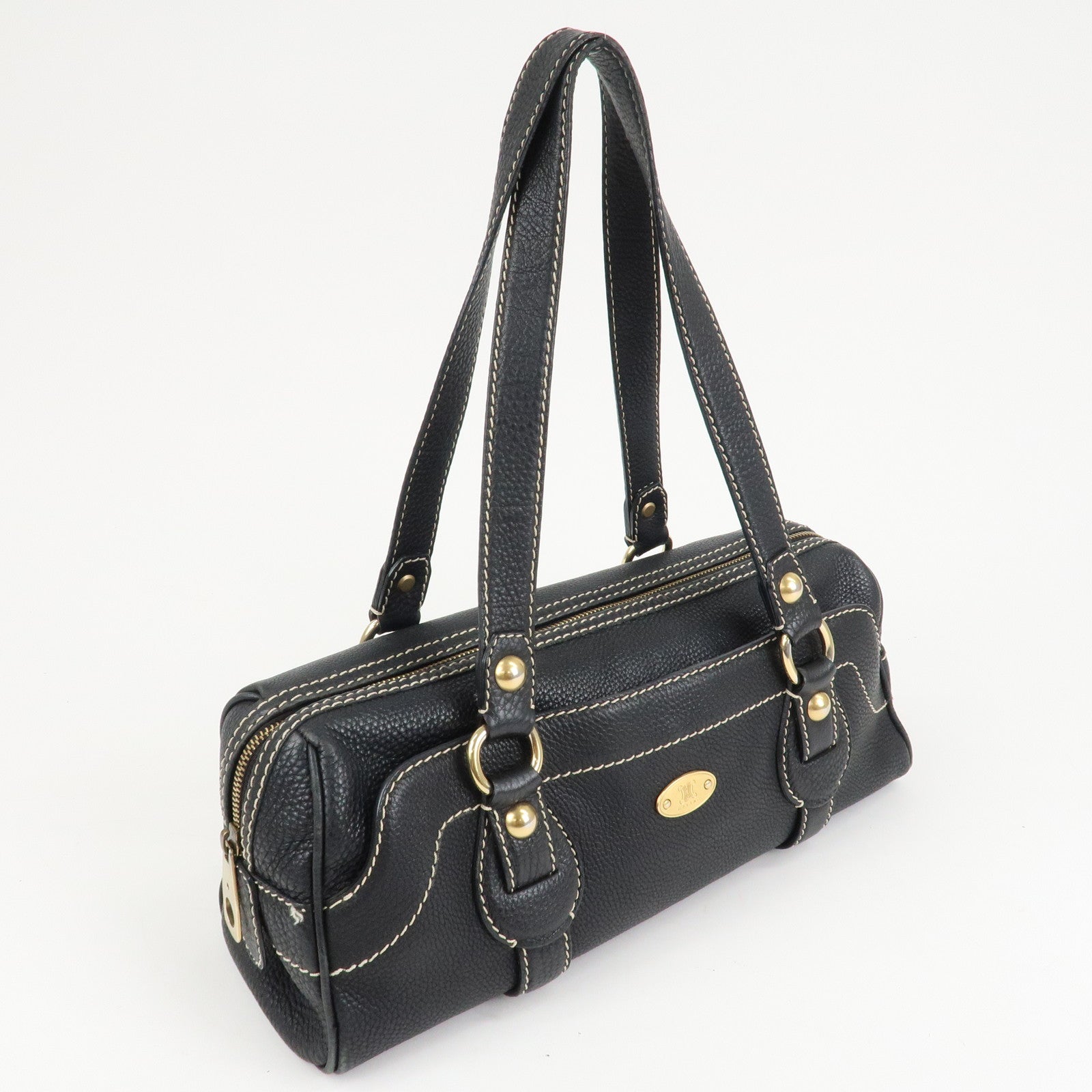 CELINE Leather Macadam Engraved Boston Bag Shoulder Bag Black Used