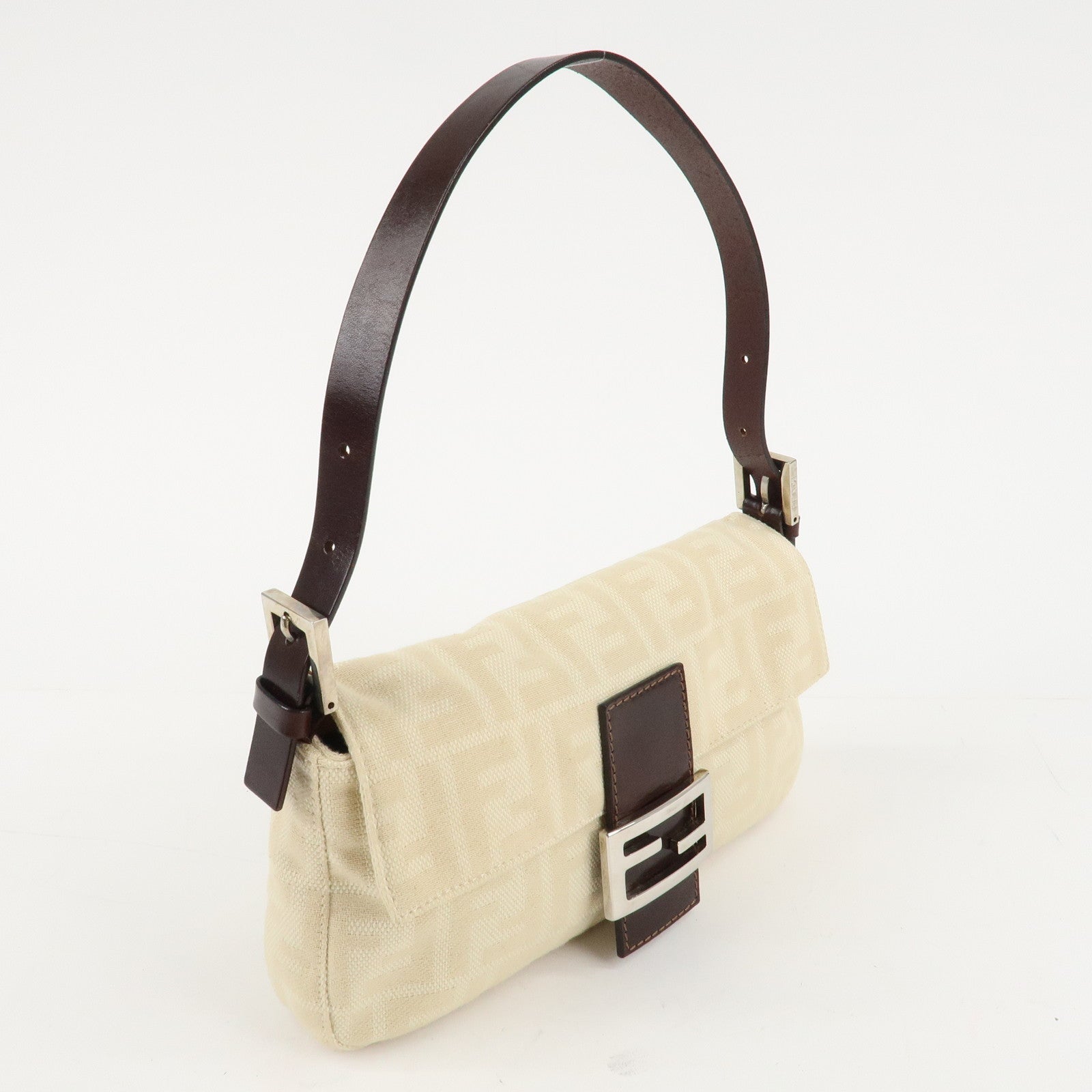 FENDI Mamma Baguette Zucca Canvas Leather Shoulder Bag Beige 26424 Used
