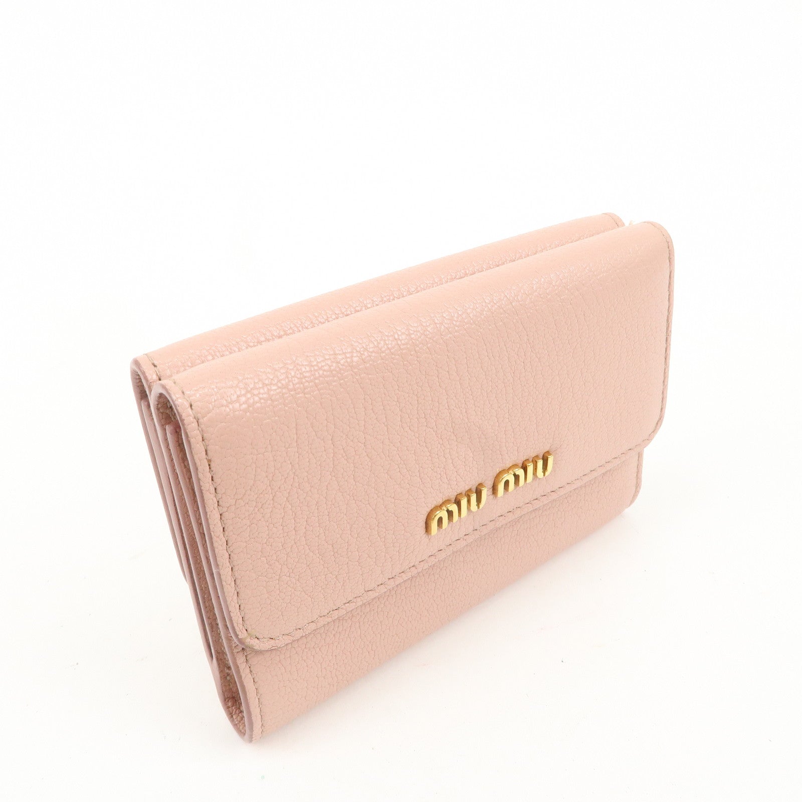 MIU MIU Leather Double Hook Bi-fold Wallet Pink Gold Hardware Used