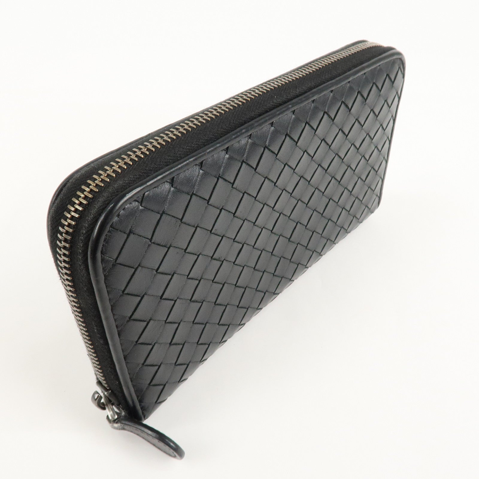 BOTTEGA VENETA Intrecciato Leather Round Zipper Wallet Black Used