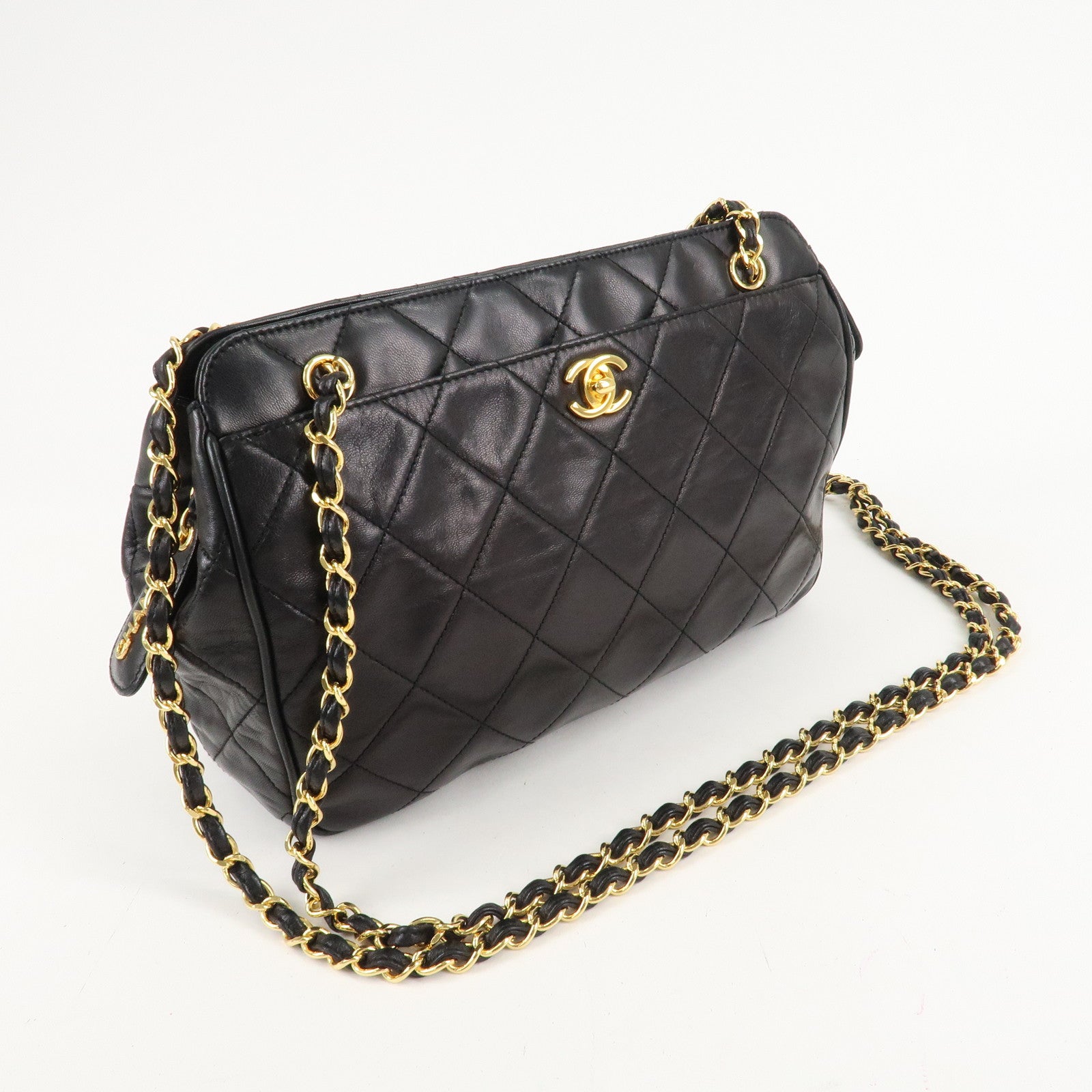 CHANEL Matelasse Lamb Skin COCO Mark Chain Shoulder Bag Black Used