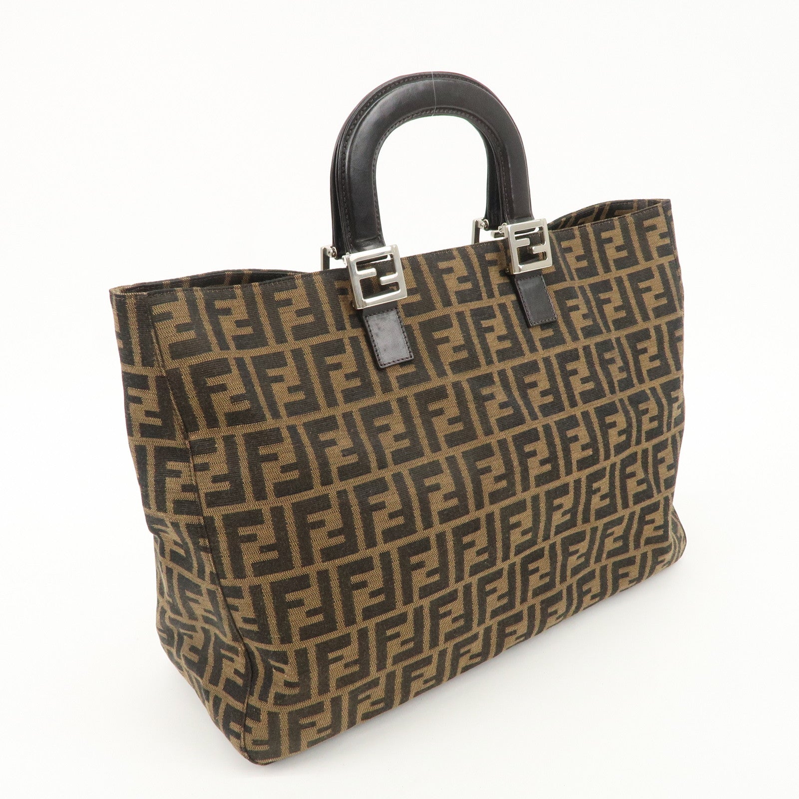 FENDI Zucca Canvas Leather Tote Bag Brown Black 26329 Used