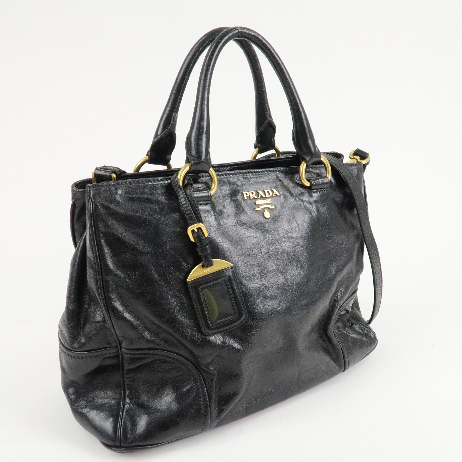 PRADA Leather 2way Bag Hand Bag Shoulder Bag Black Gold HDW Used