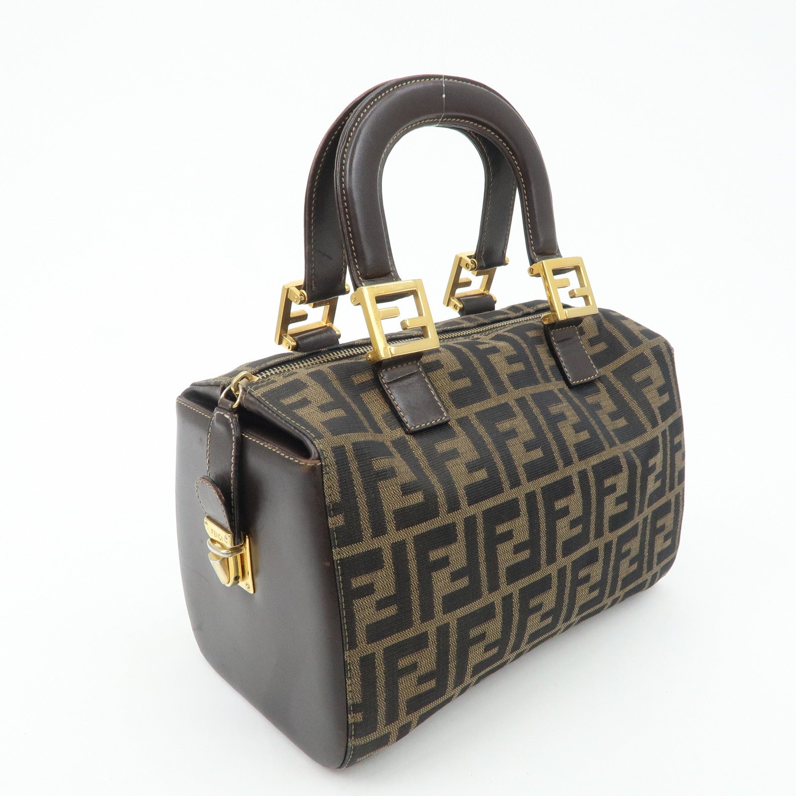 FENDI Zucca Canvas Leather Hand Bag Brown Black Used