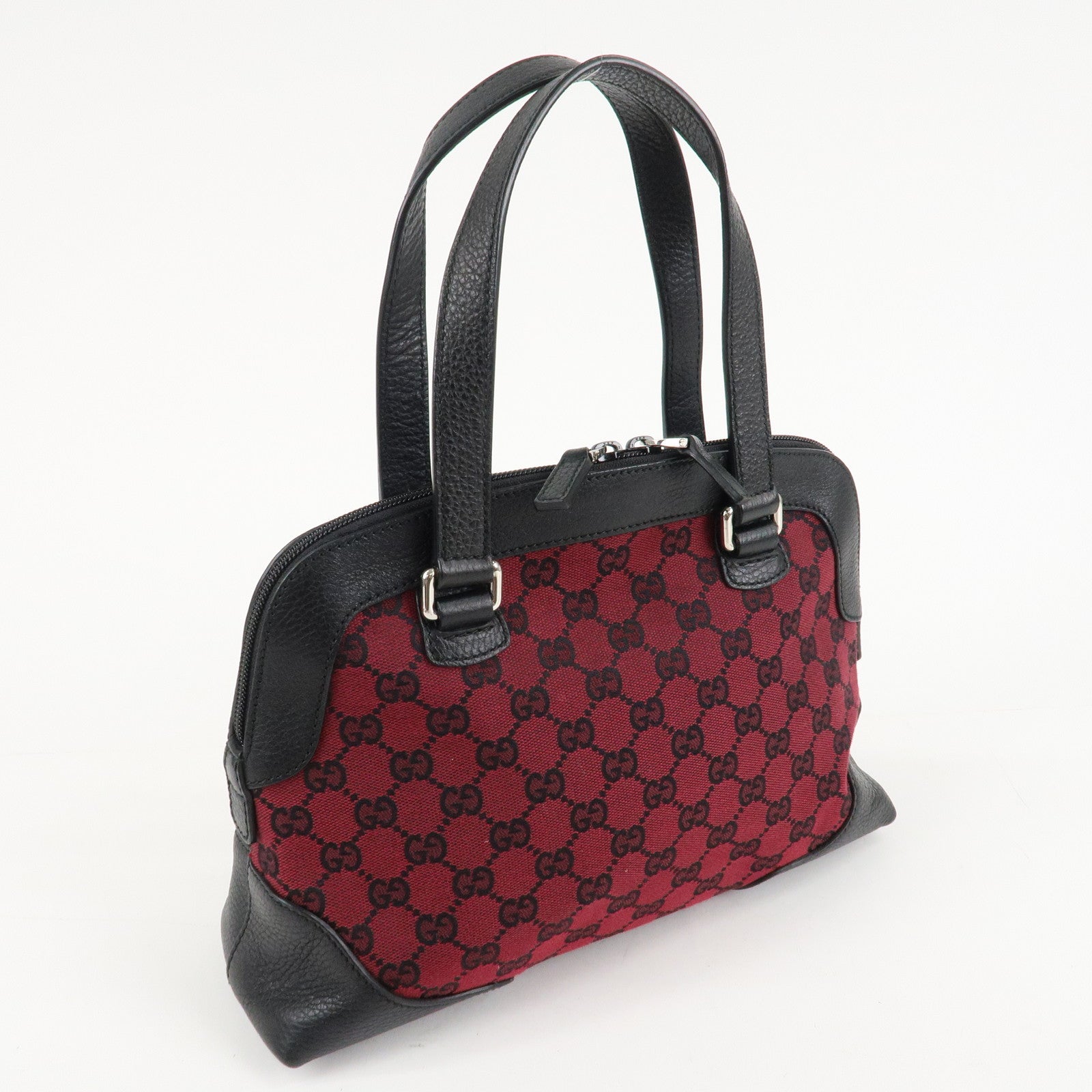 GUCCI GG Canvas Leather Tote Bag Hand Bag Black Red 272378 Used