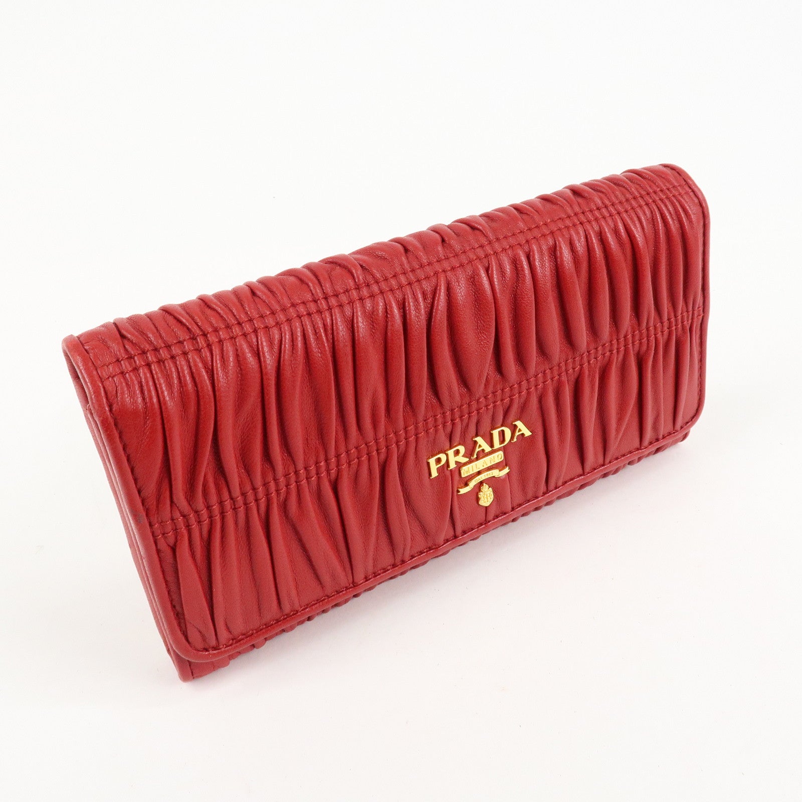 PRADA Logo Leather Bi-Fold Long Wallet Red Gold Hardware Used