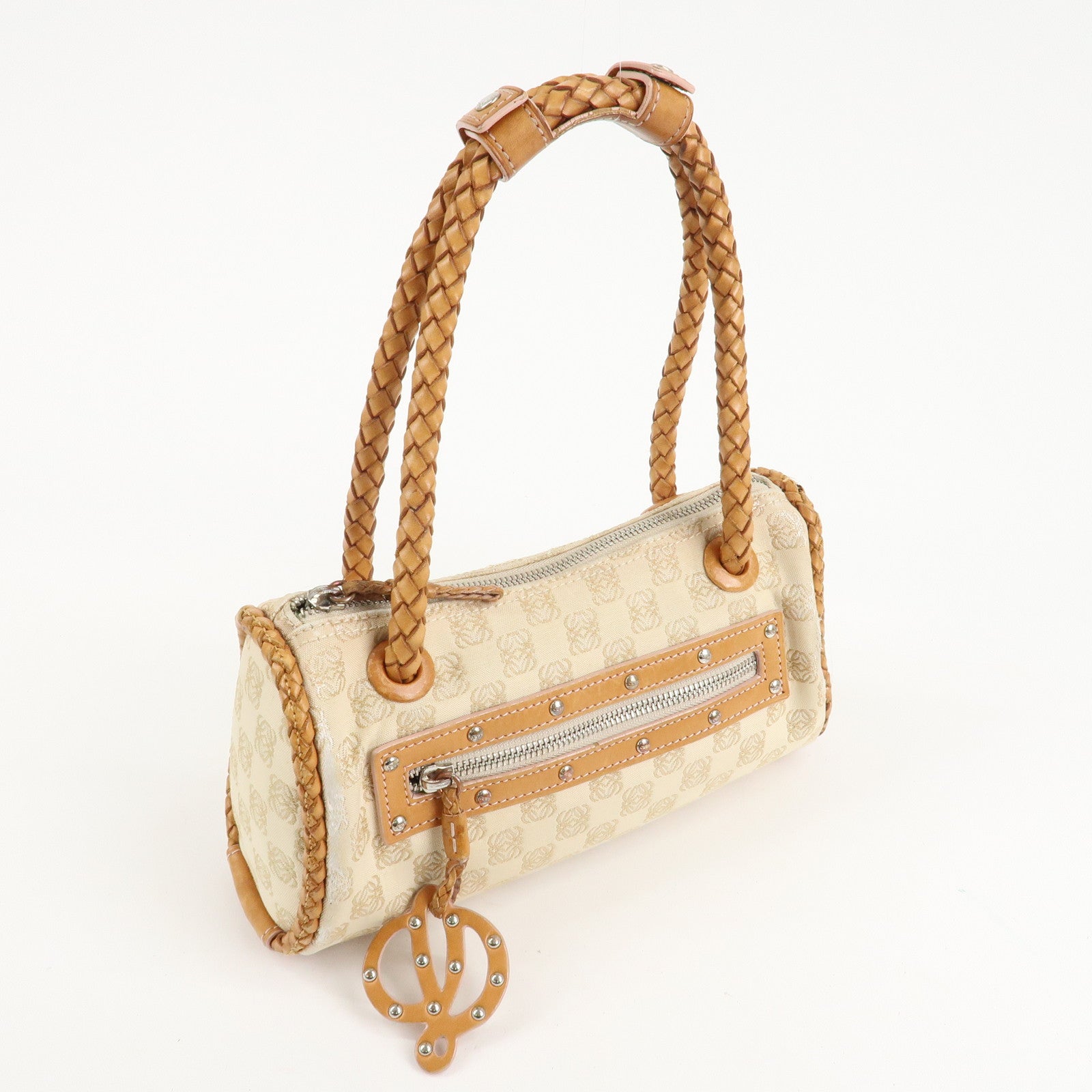 LOEWE Anagram Canvas Leather Shoulder Bag Boston Bag Beige Brown Used