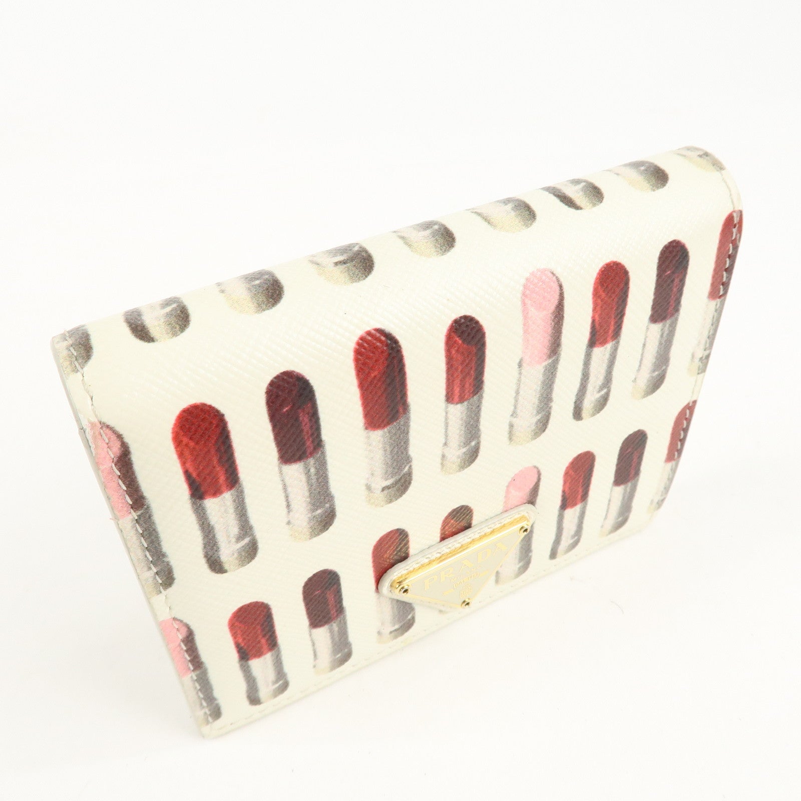 PRADA Logo Leather Lip Design Bi-Fold Wallet Ivory Used