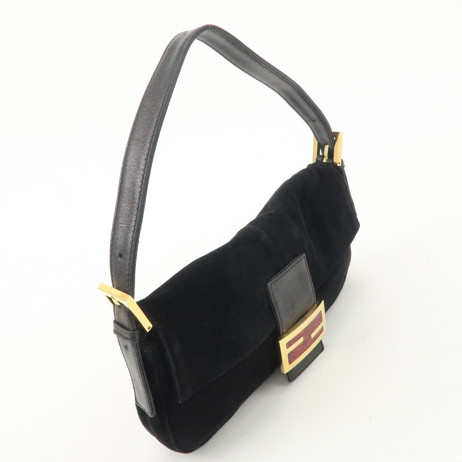 FENDI Mamma Bucket Suede Leather Shoulder Bag Black 26424 Used