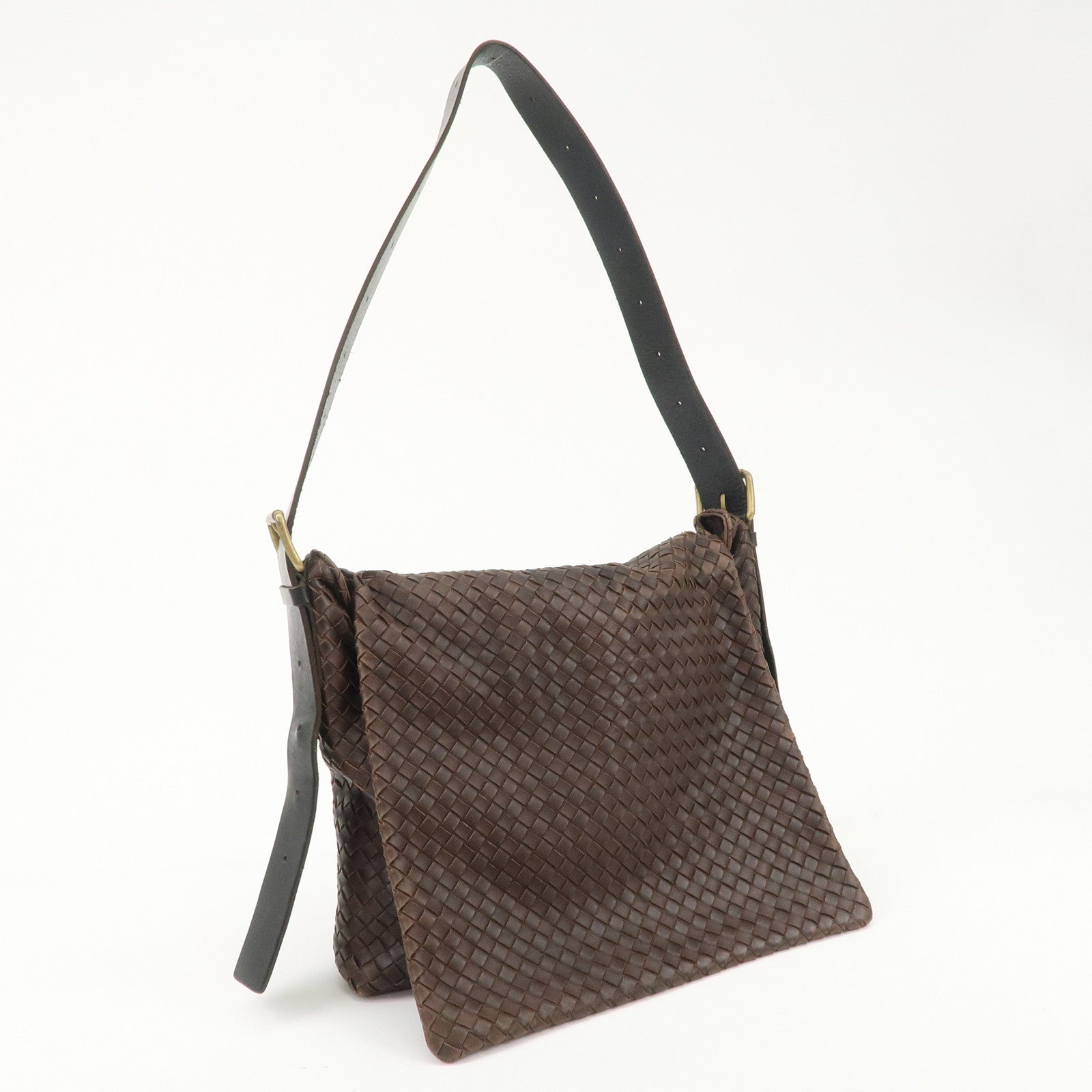 BOTTEGA VENETA Intrecciato Leather Shoulder Bag Dark Brown BlackUsed F/S Used