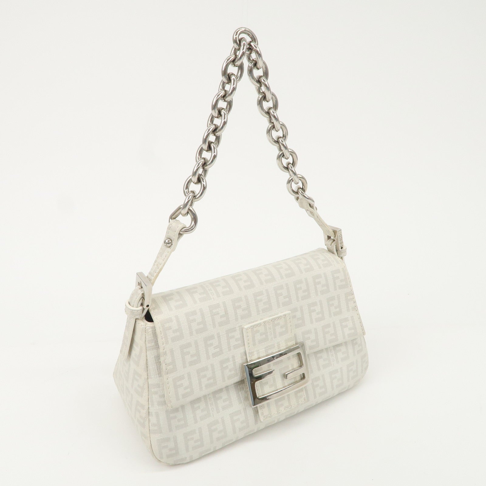 FENDI Mini Mamma Baguette Zucchino Canvas Leather Shoulder Bag Used