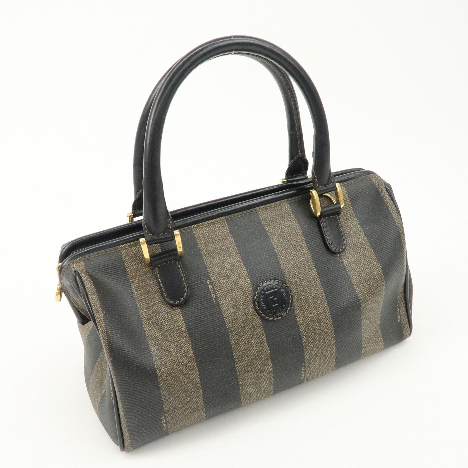 FENDI Pequin PVC Leather Boston Bag Black Brown 259022 Used