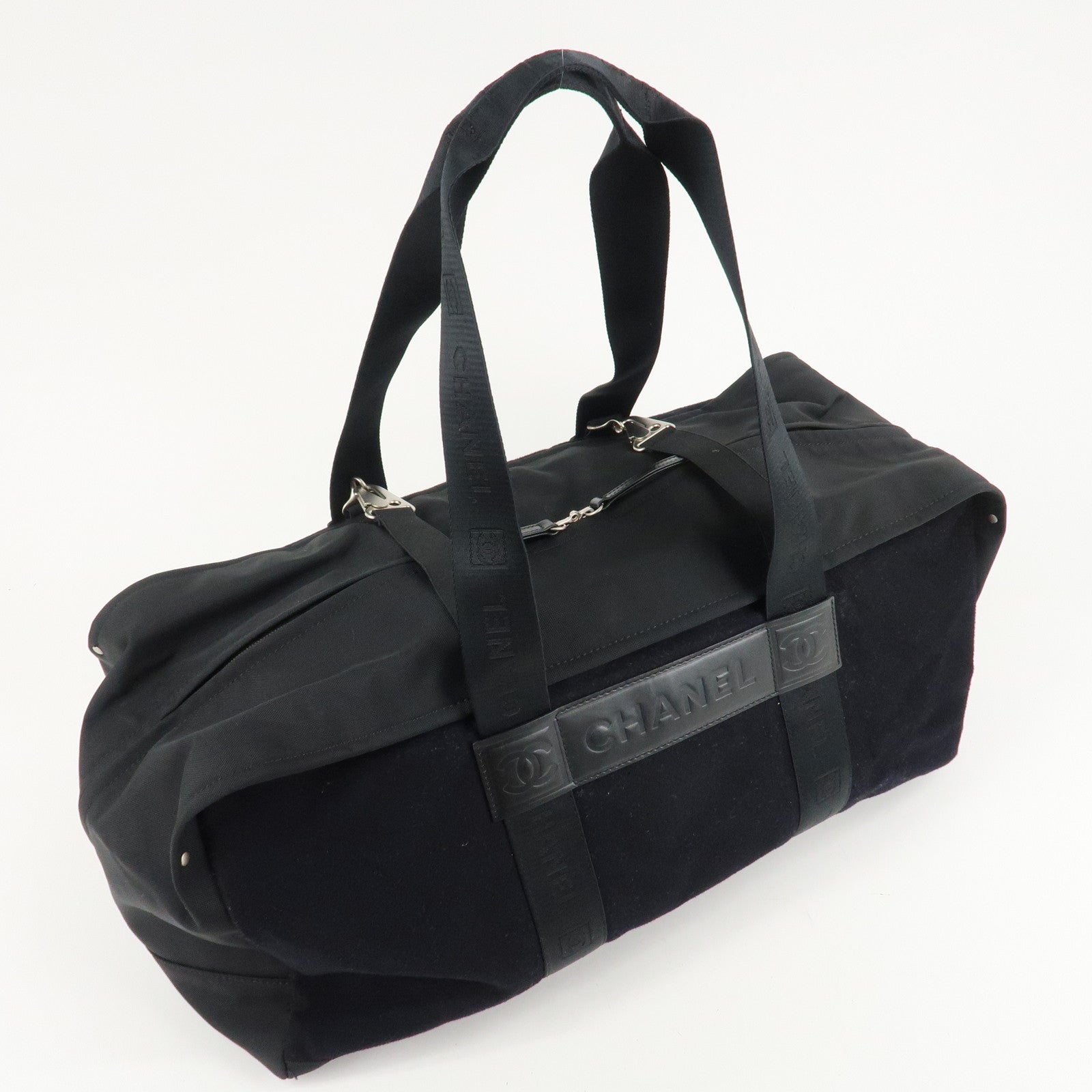 CHANEL Sports Line Felt Nylon Leather Boston Bag Black Used