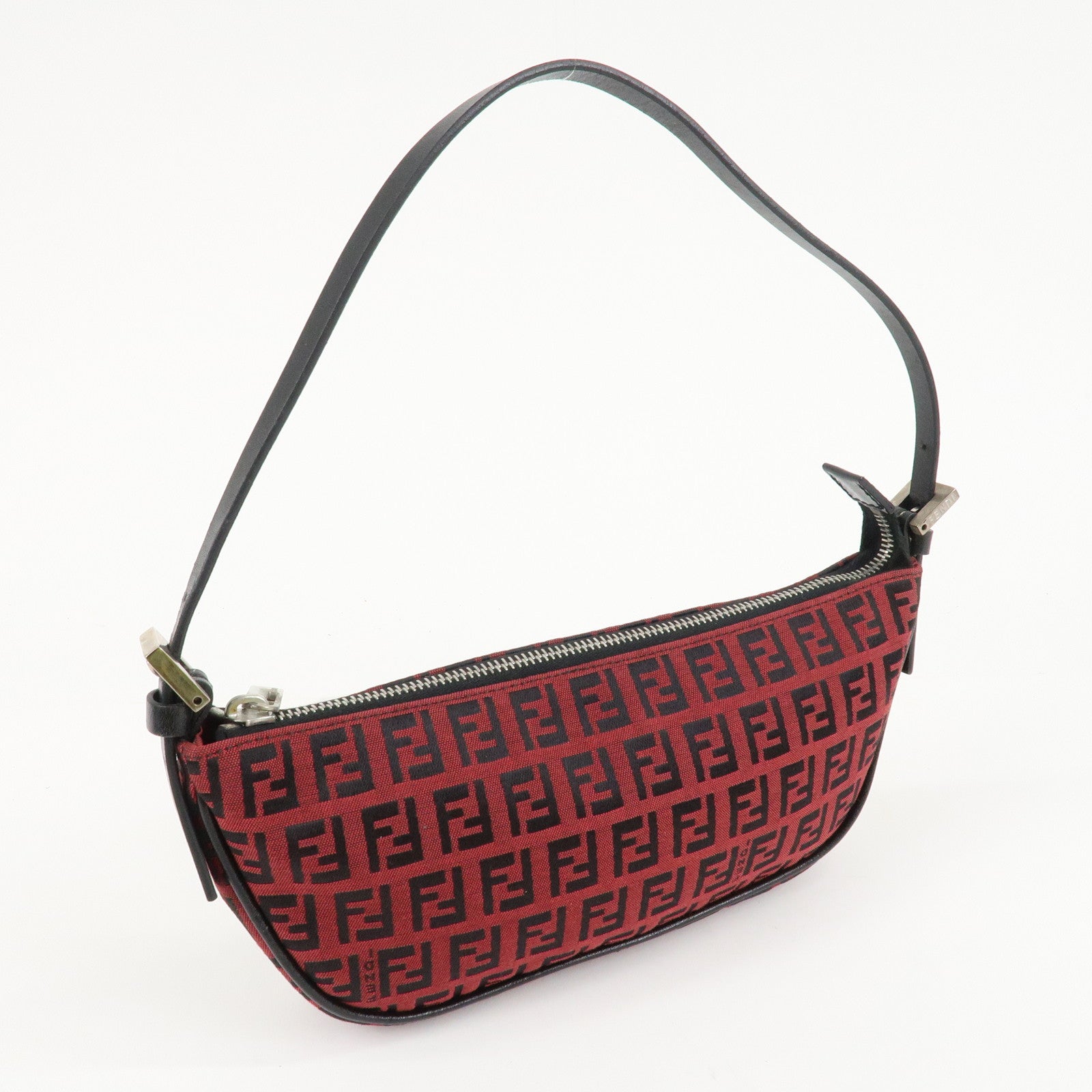 FENDI Zucchino Canvas Leather Accessory Pouch Hand Bag Black Red Used