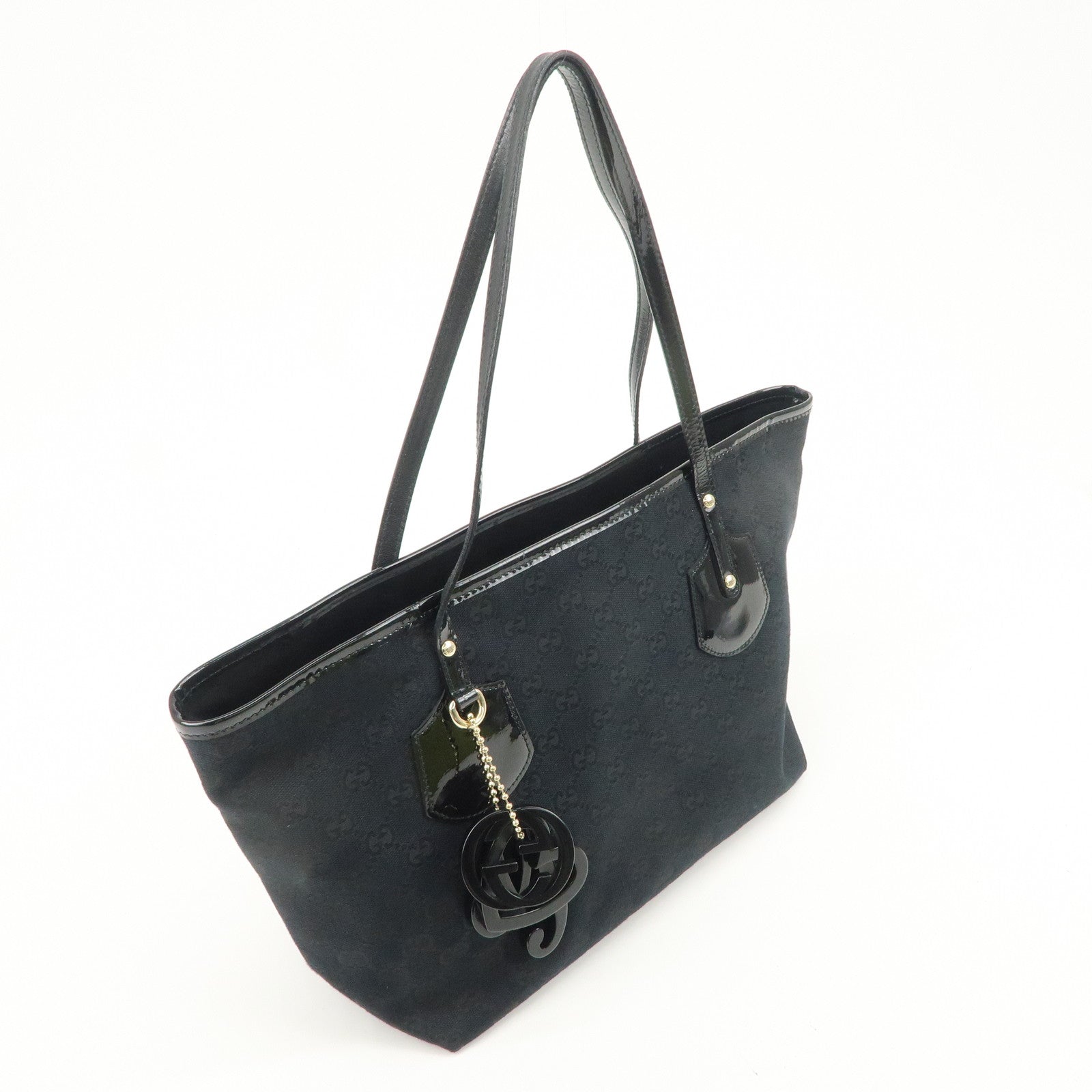 GUCCI GG Canvas Patent Leather Tote Bag Hand Bag Black 211976 Used