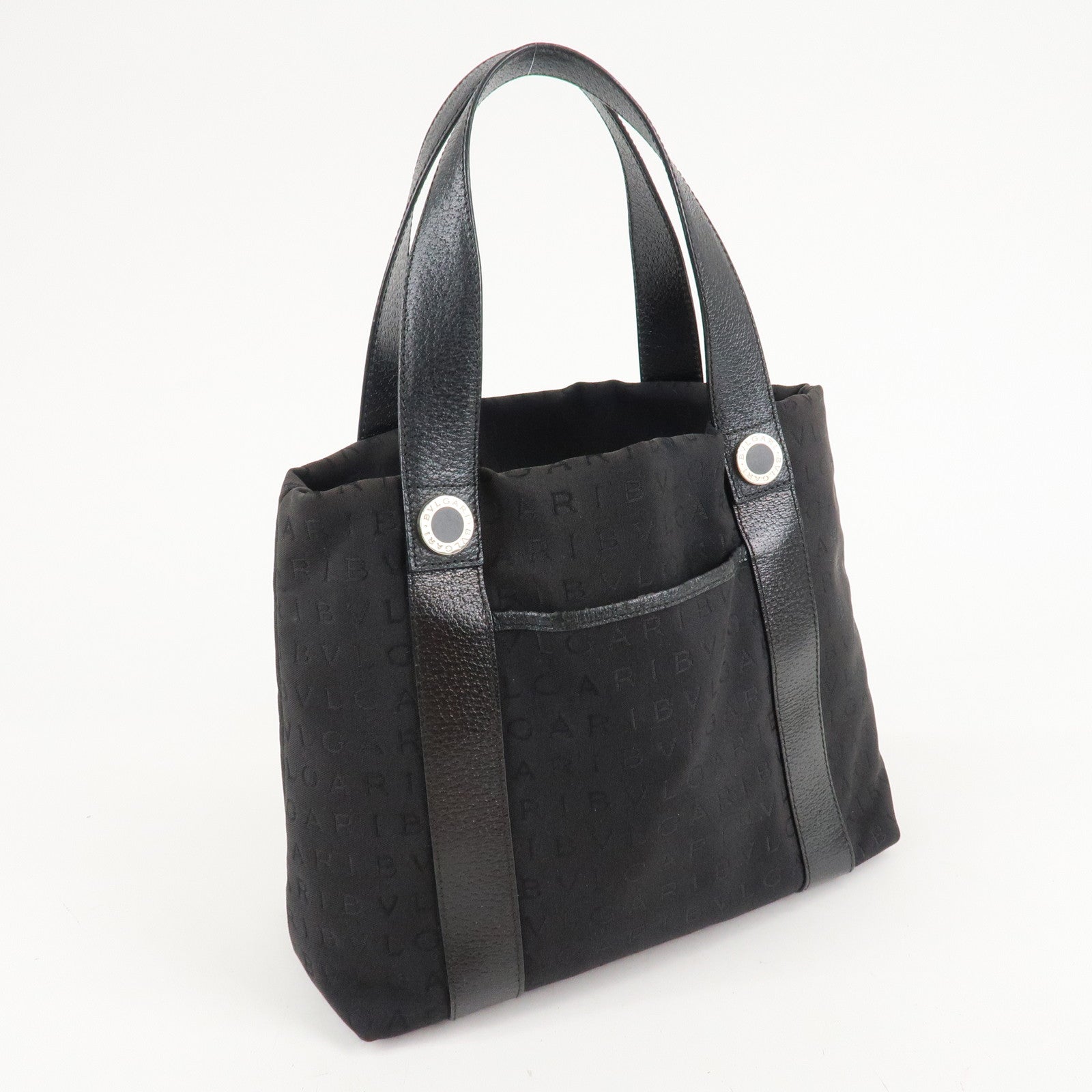 BVLGARI Lettere Logo Mania Nylon Leather Tote Bag Black Used