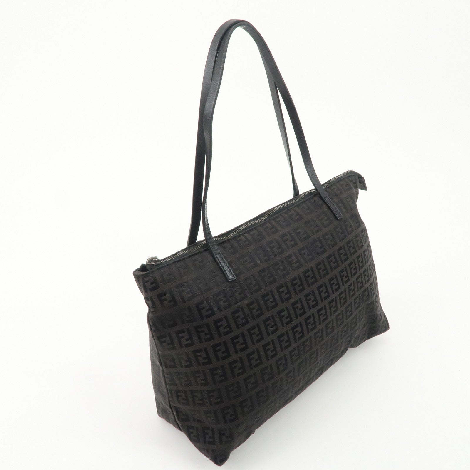 FENDI Zucchino Canvas Leather Tote Bag Brown Black 8BH023 Used