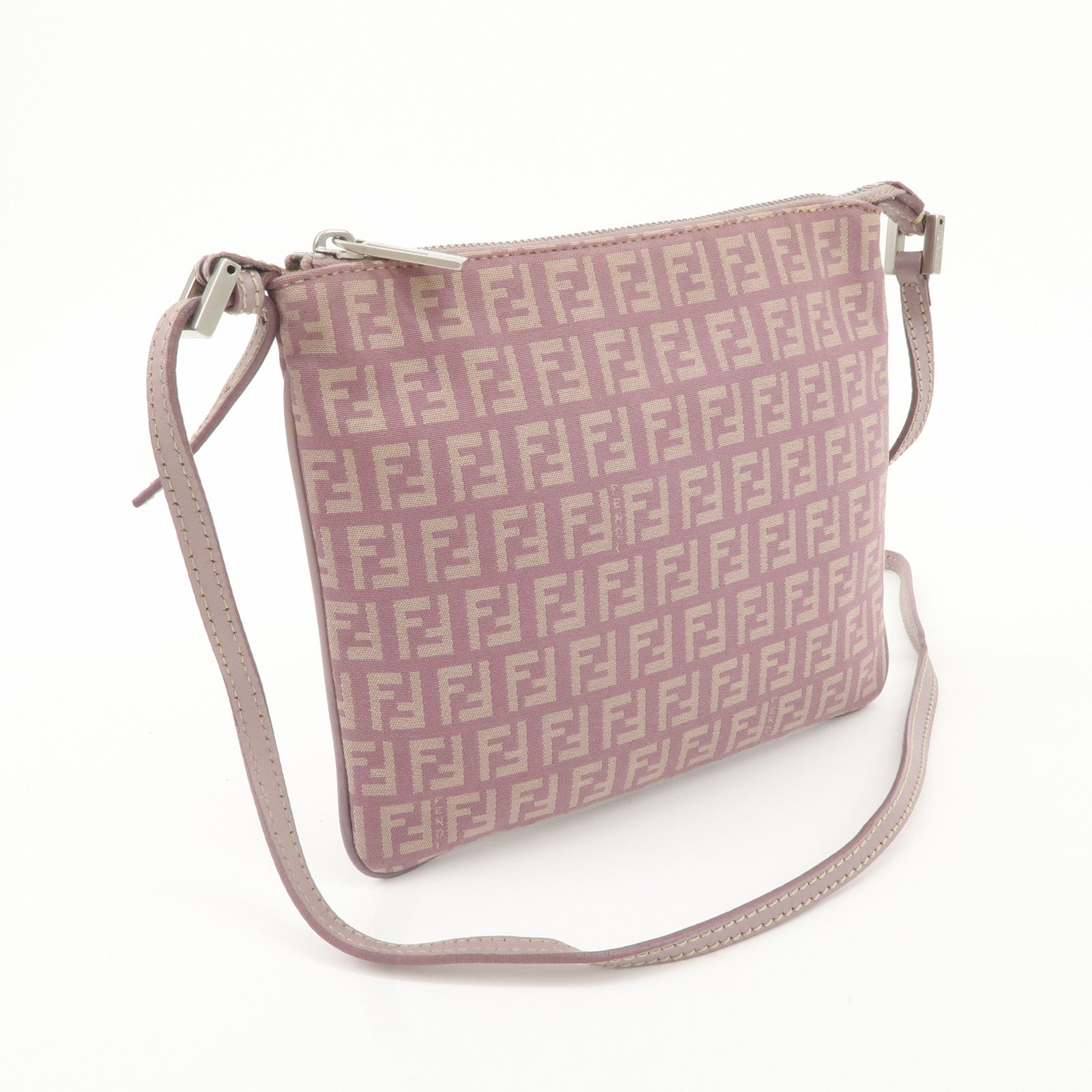 FENDI Zucchino Canvas Leather Shoulder Bag Purple Beige 8BT047 Used