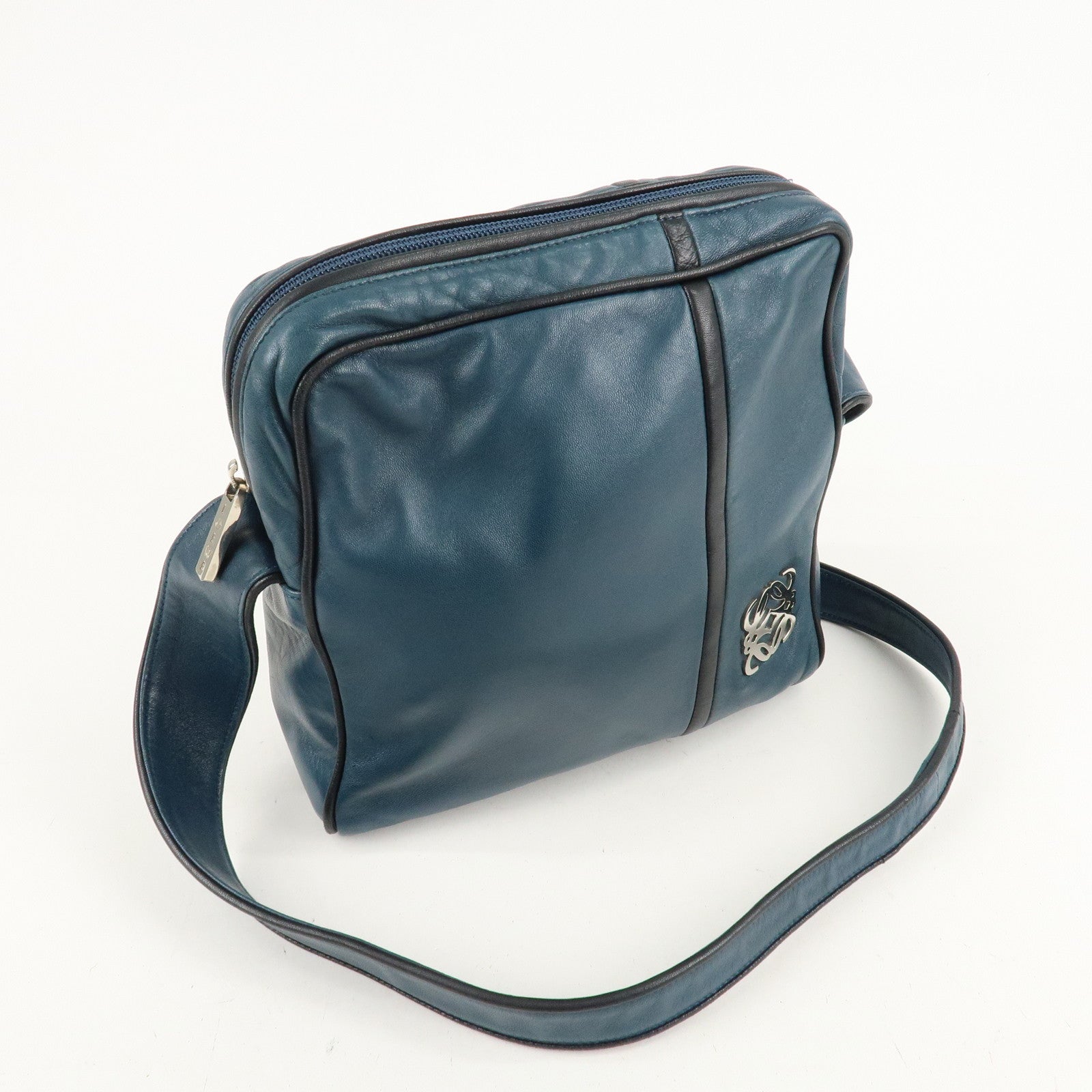 LOEWE Anagram Leather Shoulder Bag Blue Used