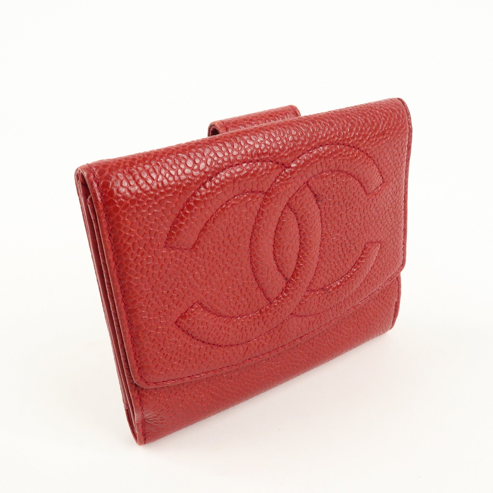 CHANEL Caviar Skin Coco Mark W Hook Compact Wallet A01427 Used