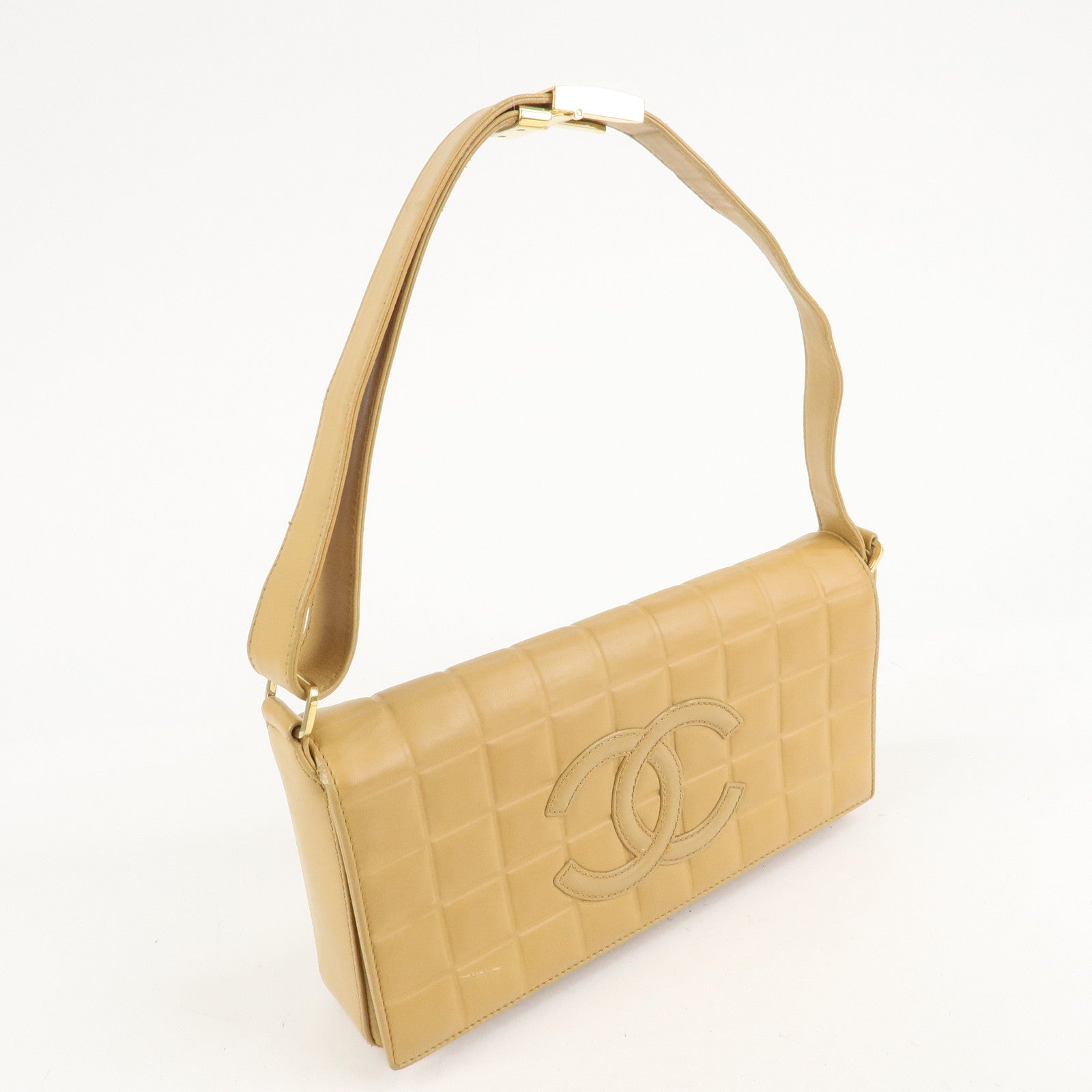 CHANEL COCO Mark Chocolate Bar Lamb Skin Shoulder Bag Beige Used