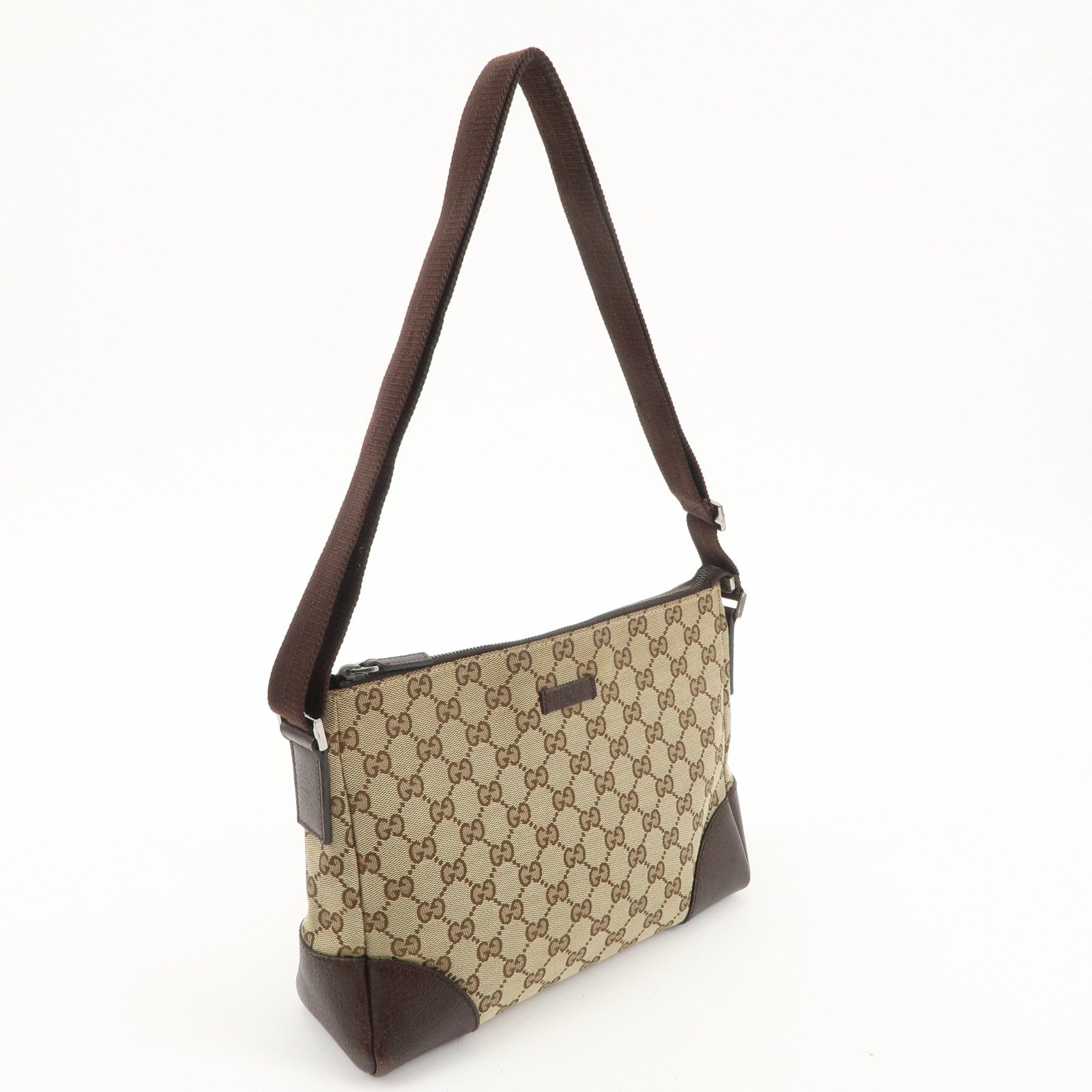 GUCCI GG Canvas Leather Shoulder Bag Beige Brown 114273 Used