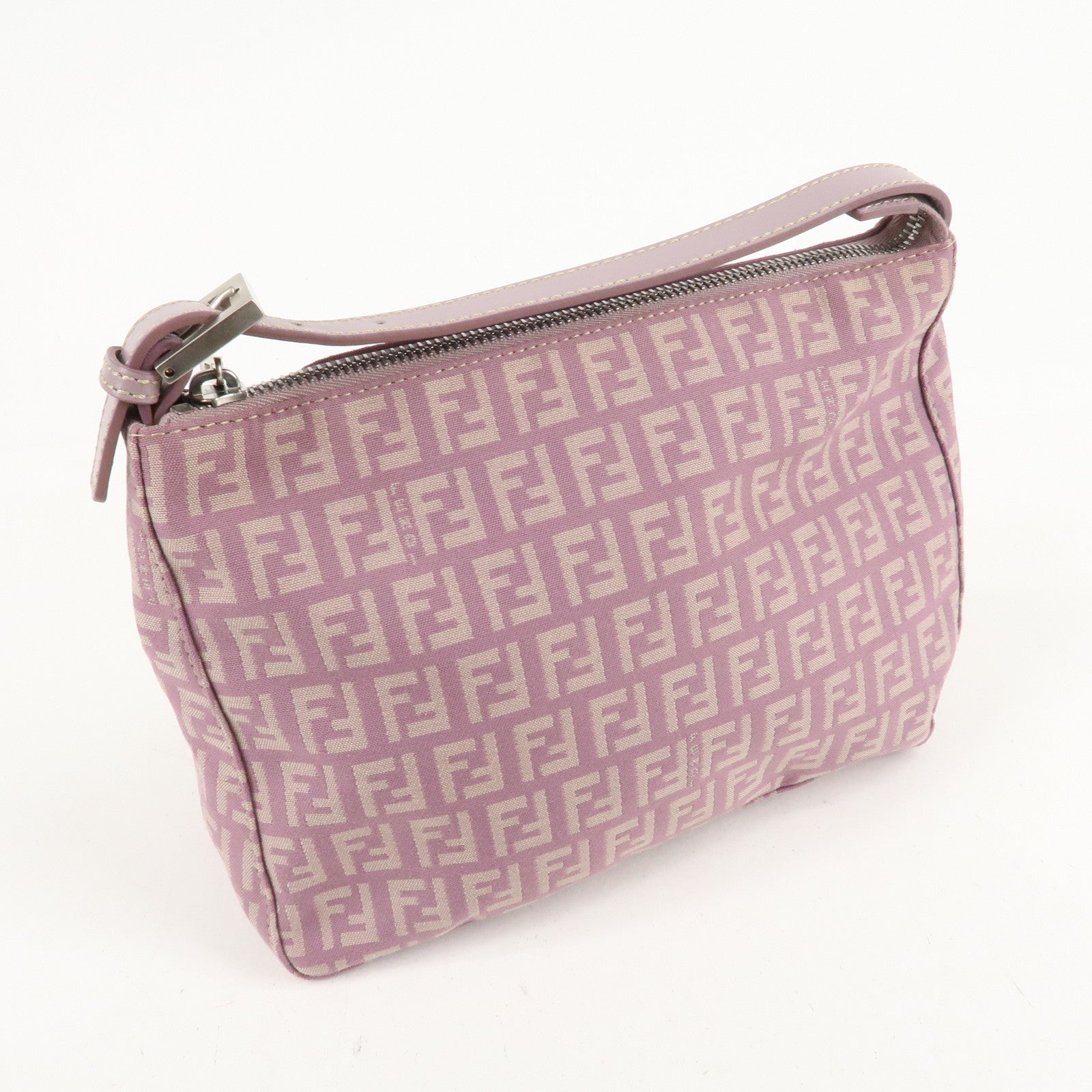 Auth FENDI Zucchino Canvas Leather Hand Bag Pouch Purple Beige 8N0005 Used F/S Used