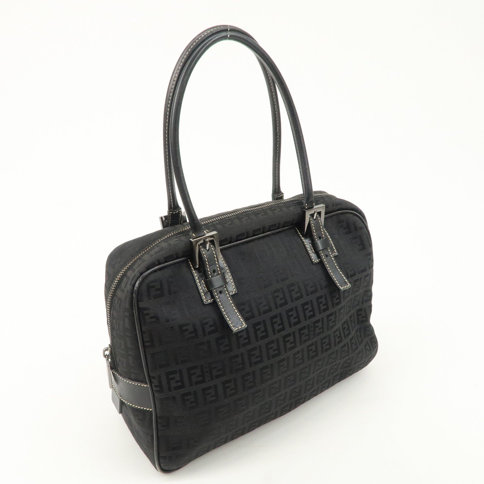 FENDI Zucchino Canvas Leather Mini Boston Bag Black 8BN005 Used