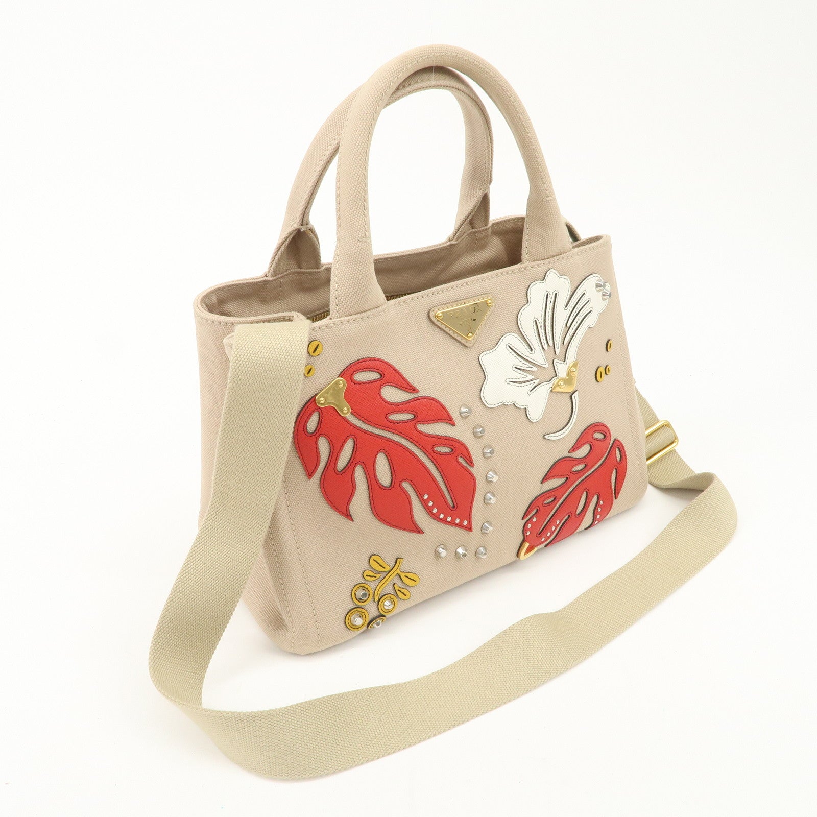PRADA Hibiscus Canapa Mini Canvas Leather 2Way Bag Beige 1BG439 Used