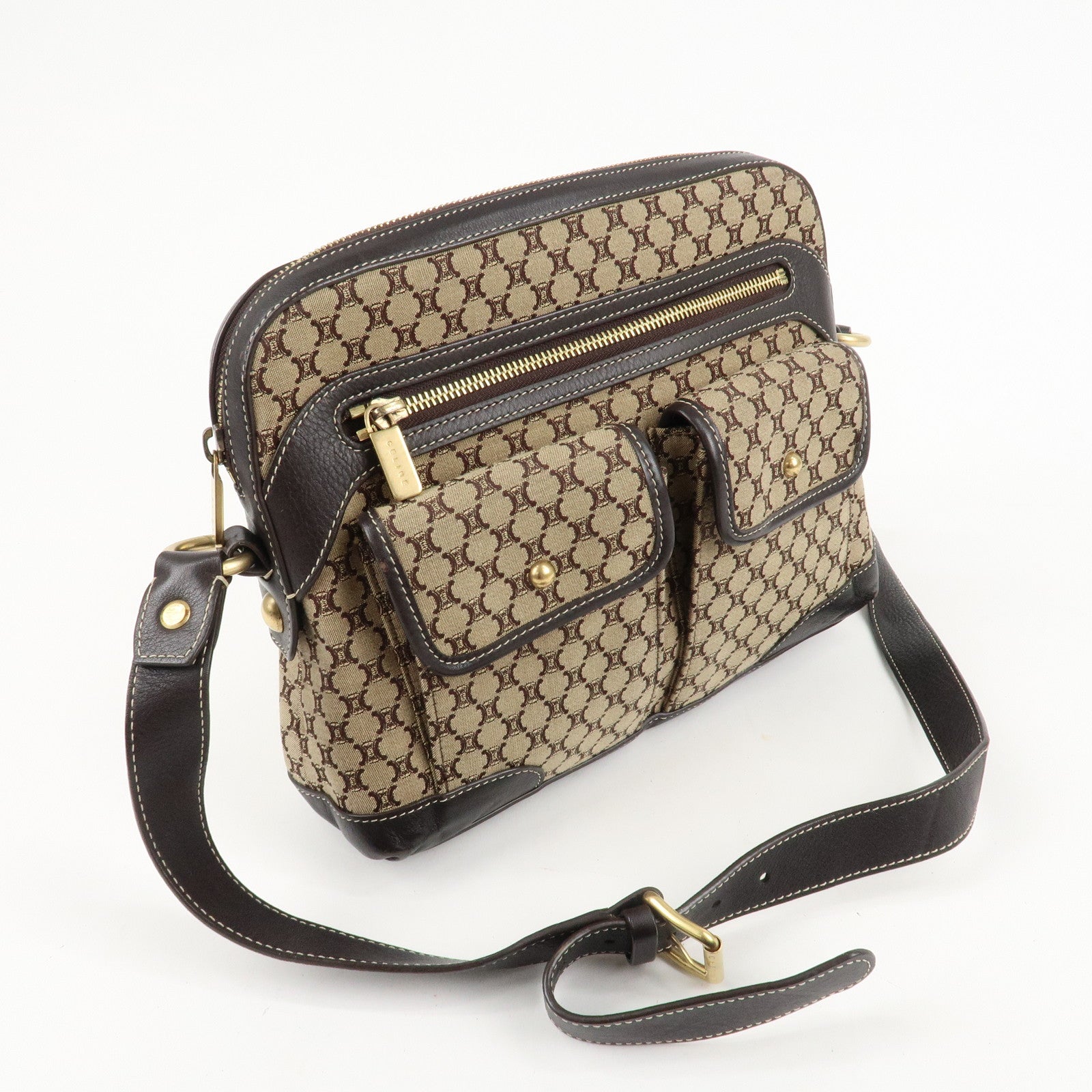 CELINE Macadam Canvas Leather Shoulder Crossbody Bag Beige Brown Used