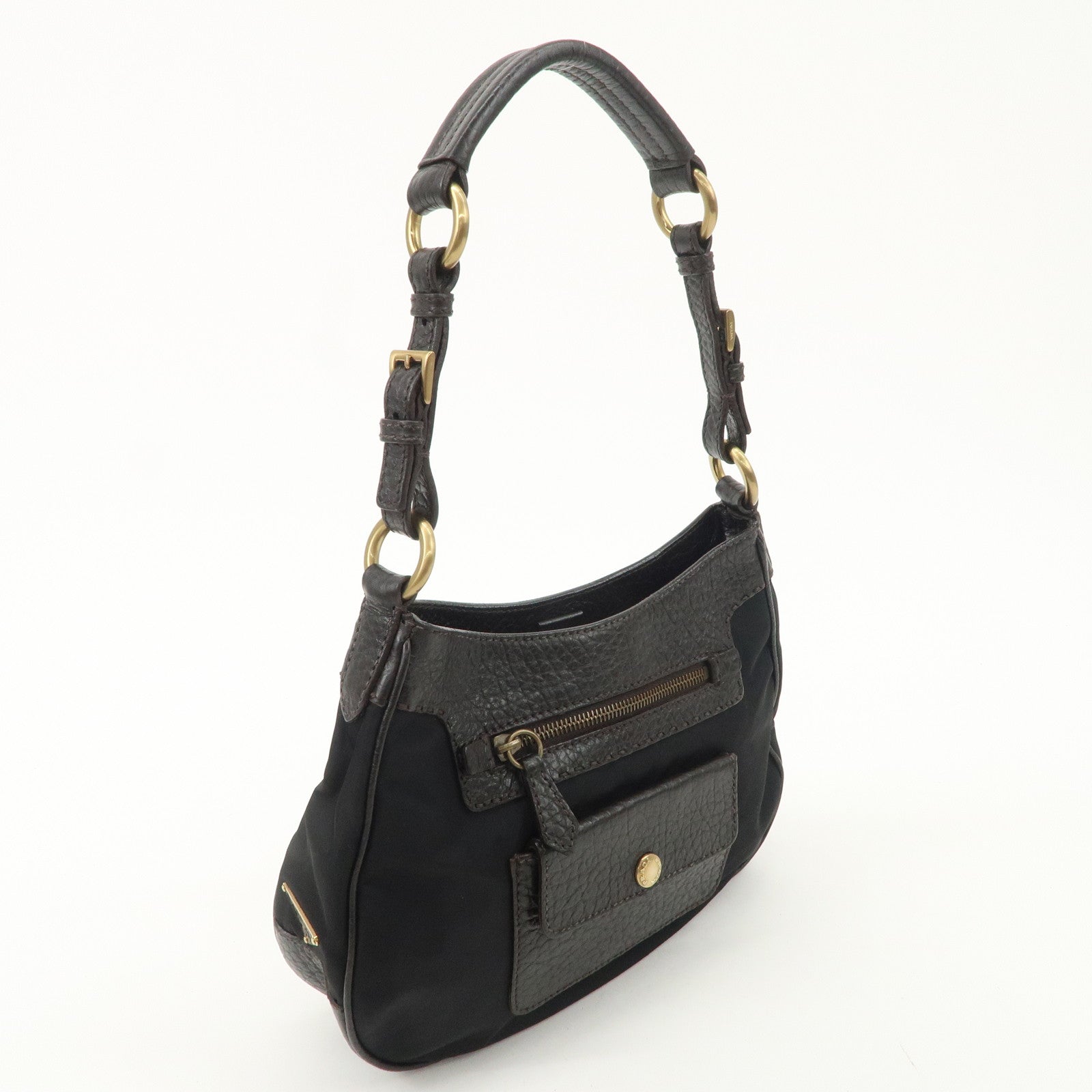 PRADA Nylon Leather Shoulder Bag Black Dark Brown BR1973 Used
