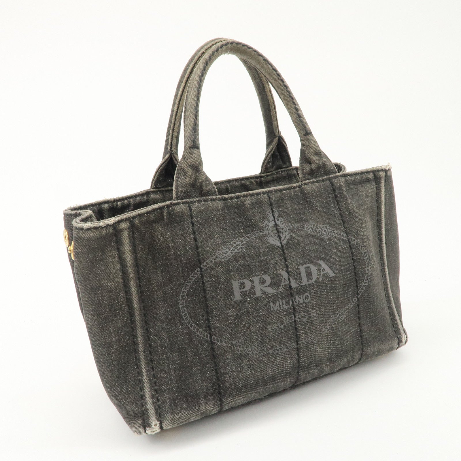 PRADA Canapa Mini Denim Hand Bag Tote Bag Black 1BG439 Used