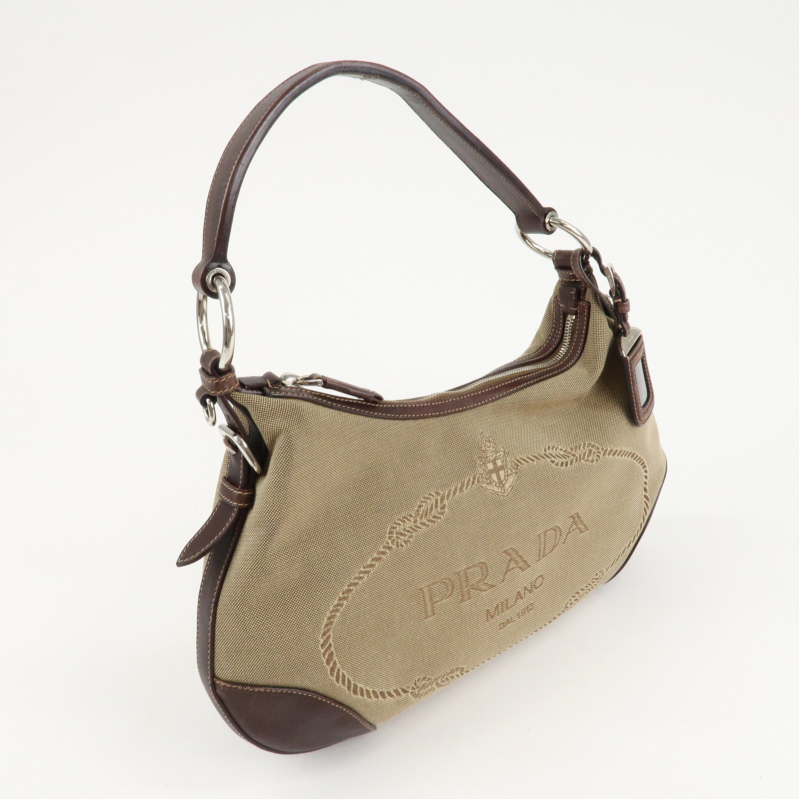 PRADA Logo Jacquard Leather Shoulder Bag Beige Brown Used