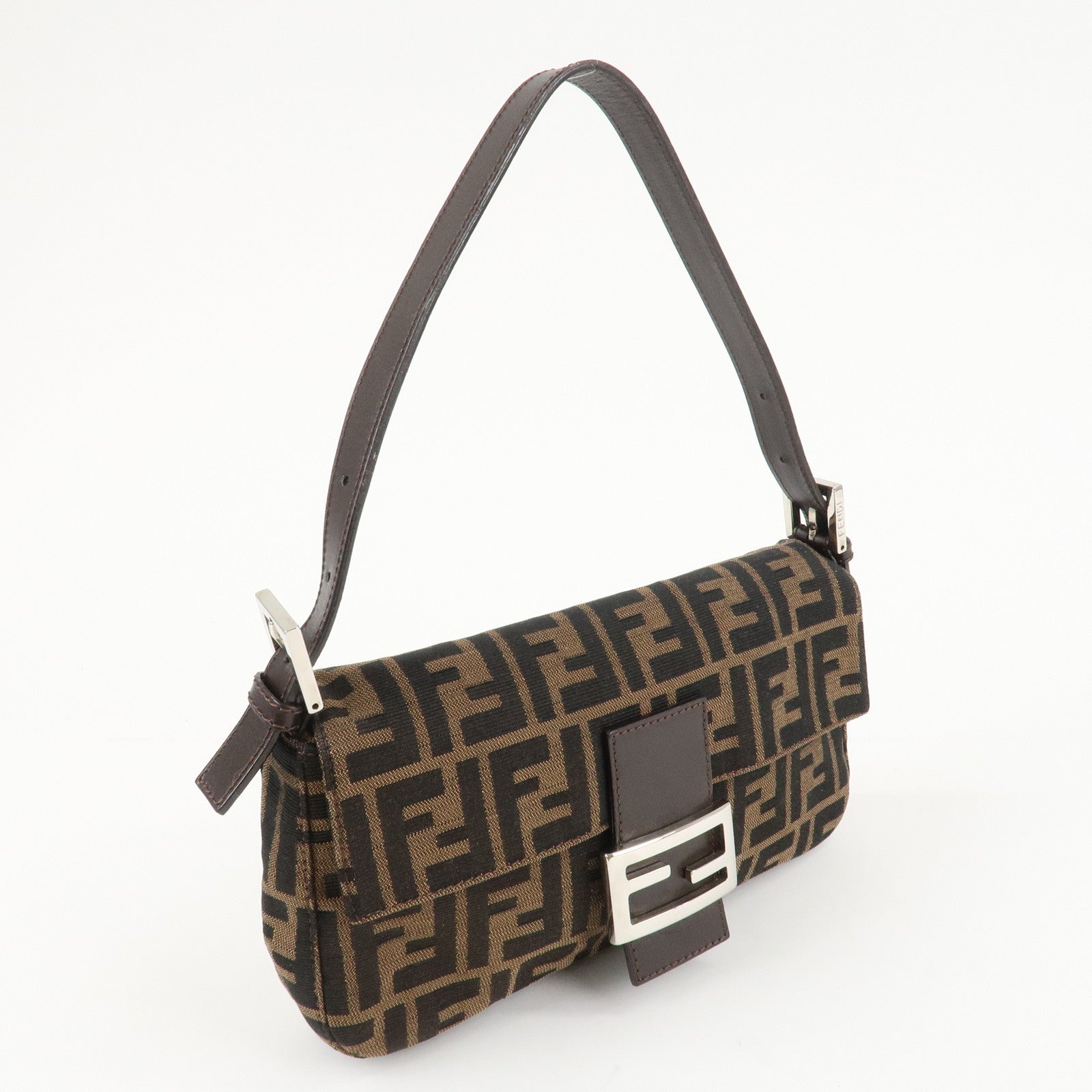 FENDI Mamma Baguette Zucca Canvas Shoulder Bag Brown Black 26424 Used
