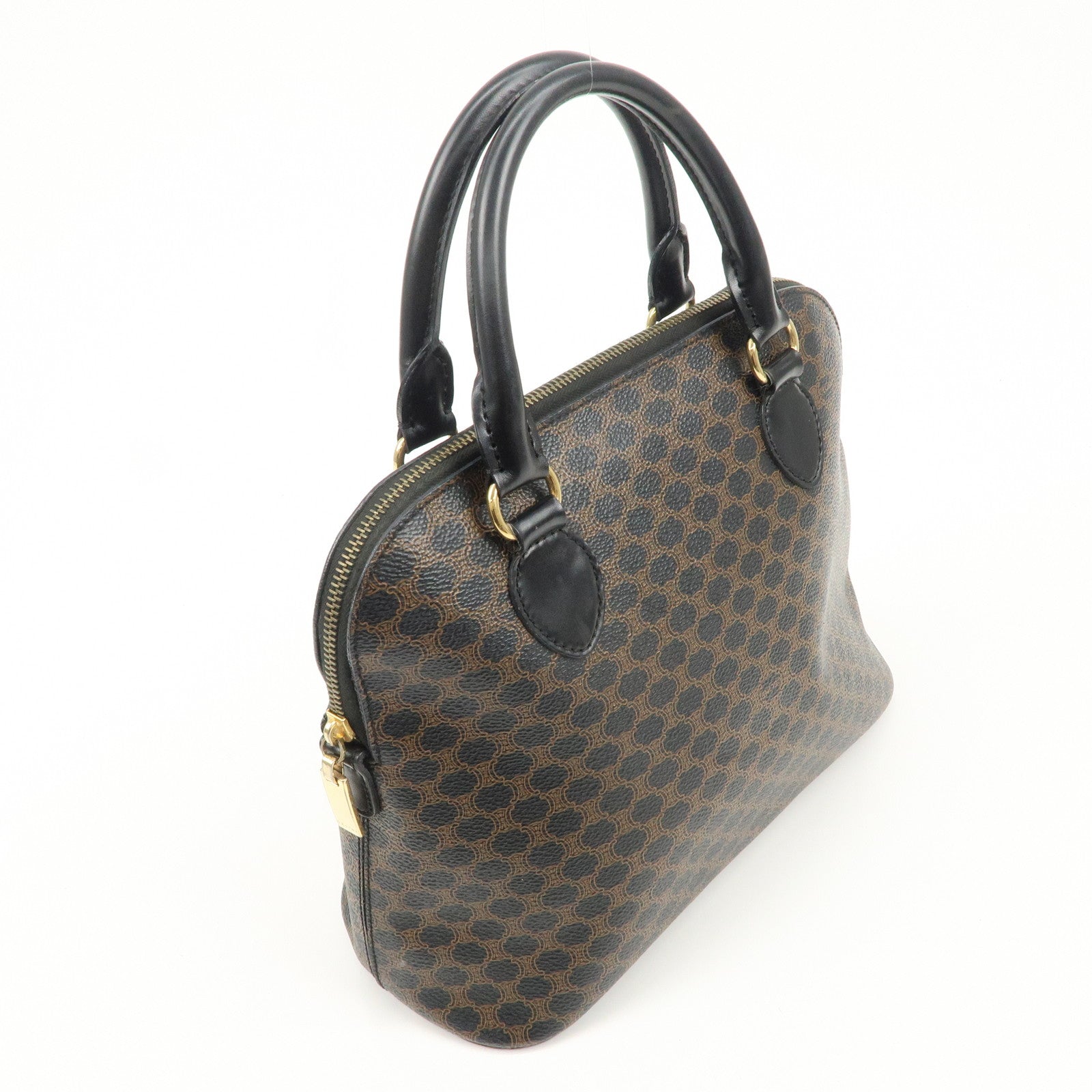 CELINE Macadam PVC Leather Hand Bag Black Brown Gold HDW Used