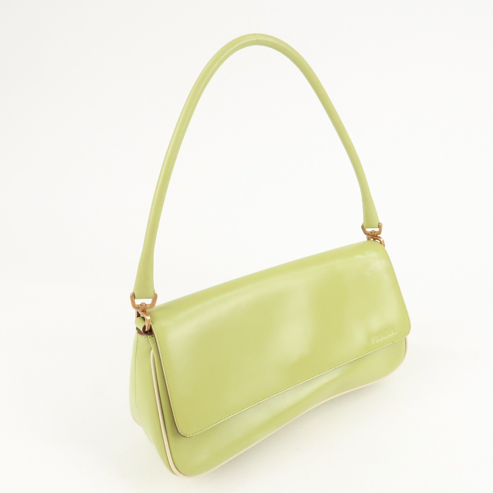 PRADA Leather Shoulder Bag Hand Bag Light Green B10689 Used