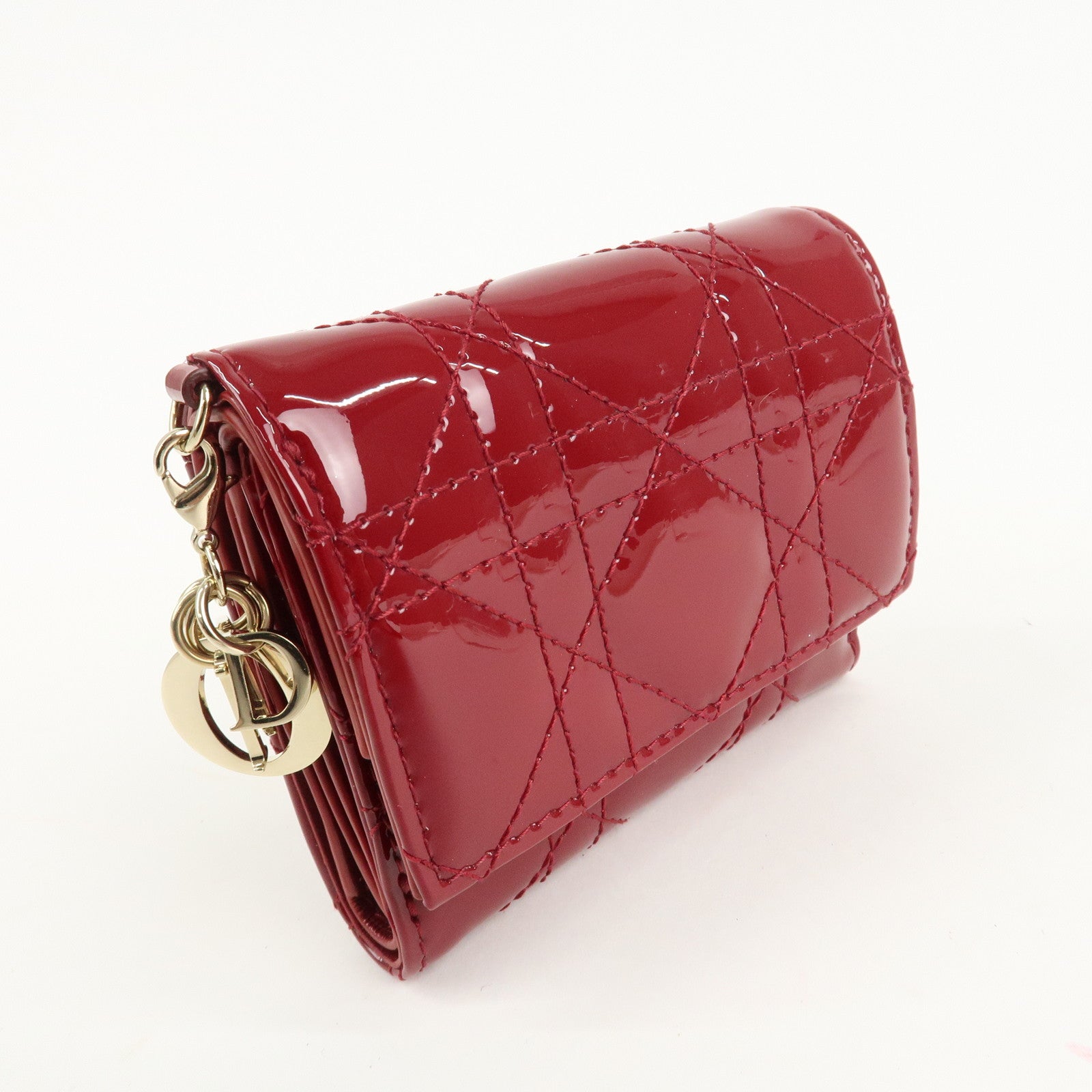Christian Dior Cannage Lady Dior Leather Lotus Tri fold Wallet Red Used