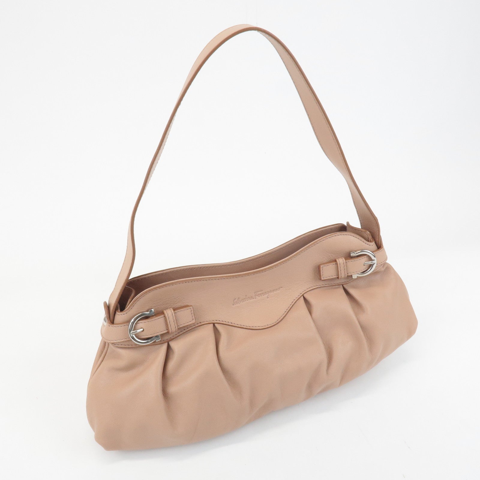 Ferragamo Gancini Leather Shoulder Bag Beige Silver Hardware Used