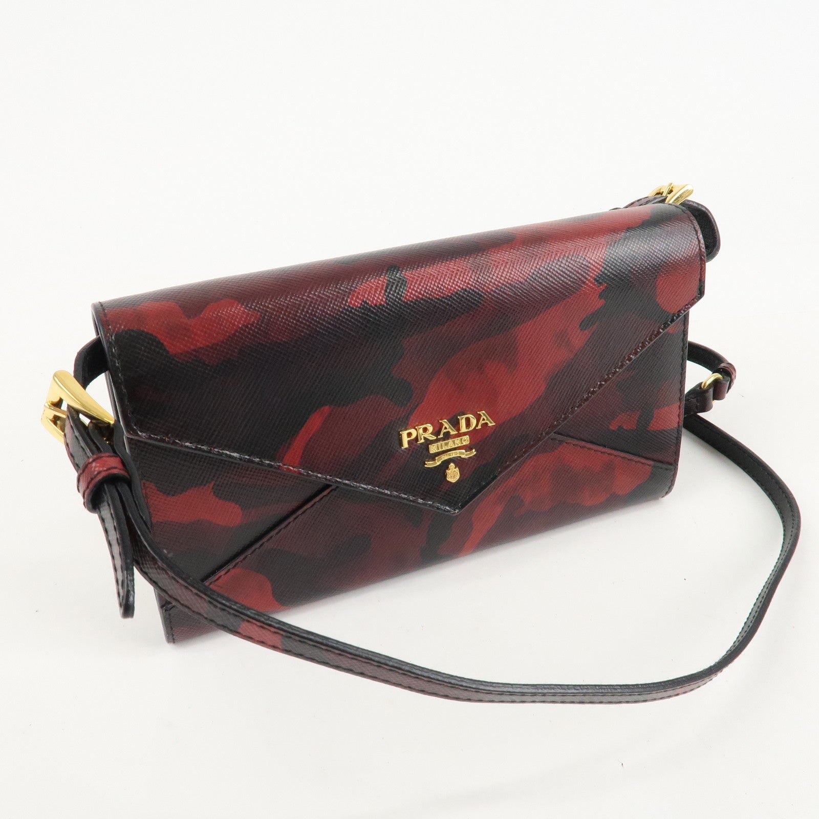 PRADA Saffiano Leather Shoulder Long Wallet Camouflage 1M1437 Used