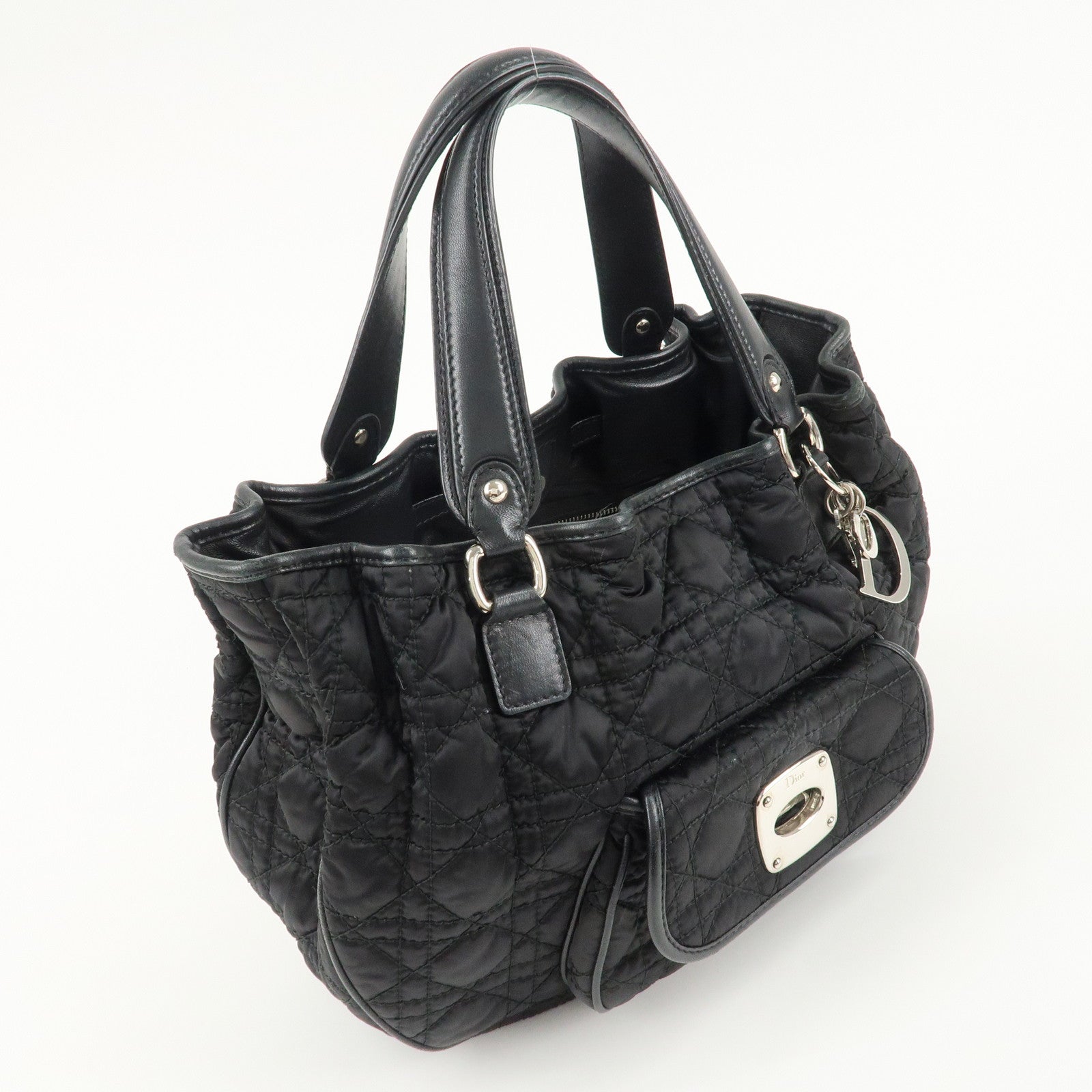 Christian Dior Cannage Nylon Leather Tote Bag Hand Bag Black Used