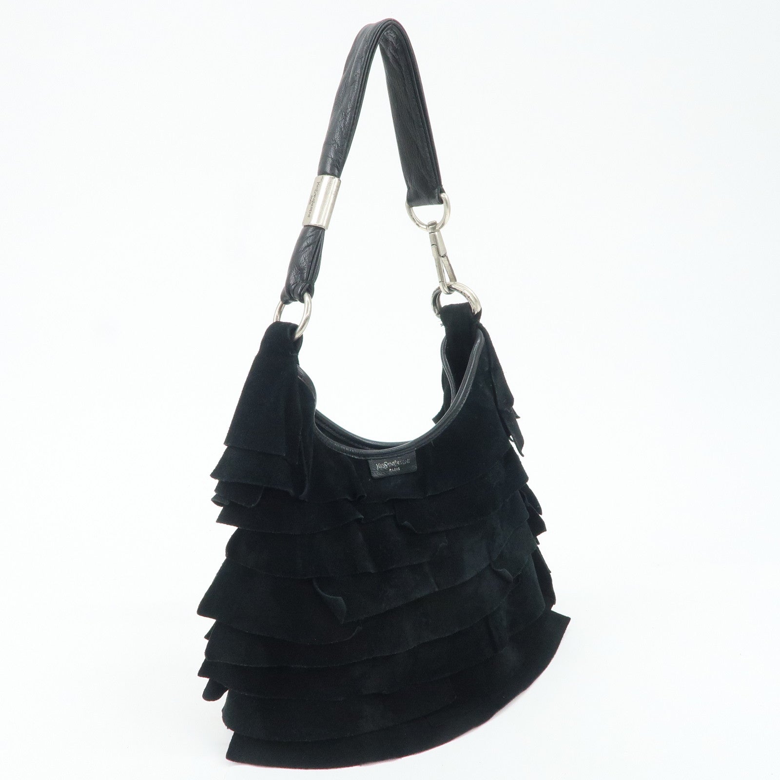 YVES SAINT LAURENT Suede Leather Santropez Shoulder Bag Black Used