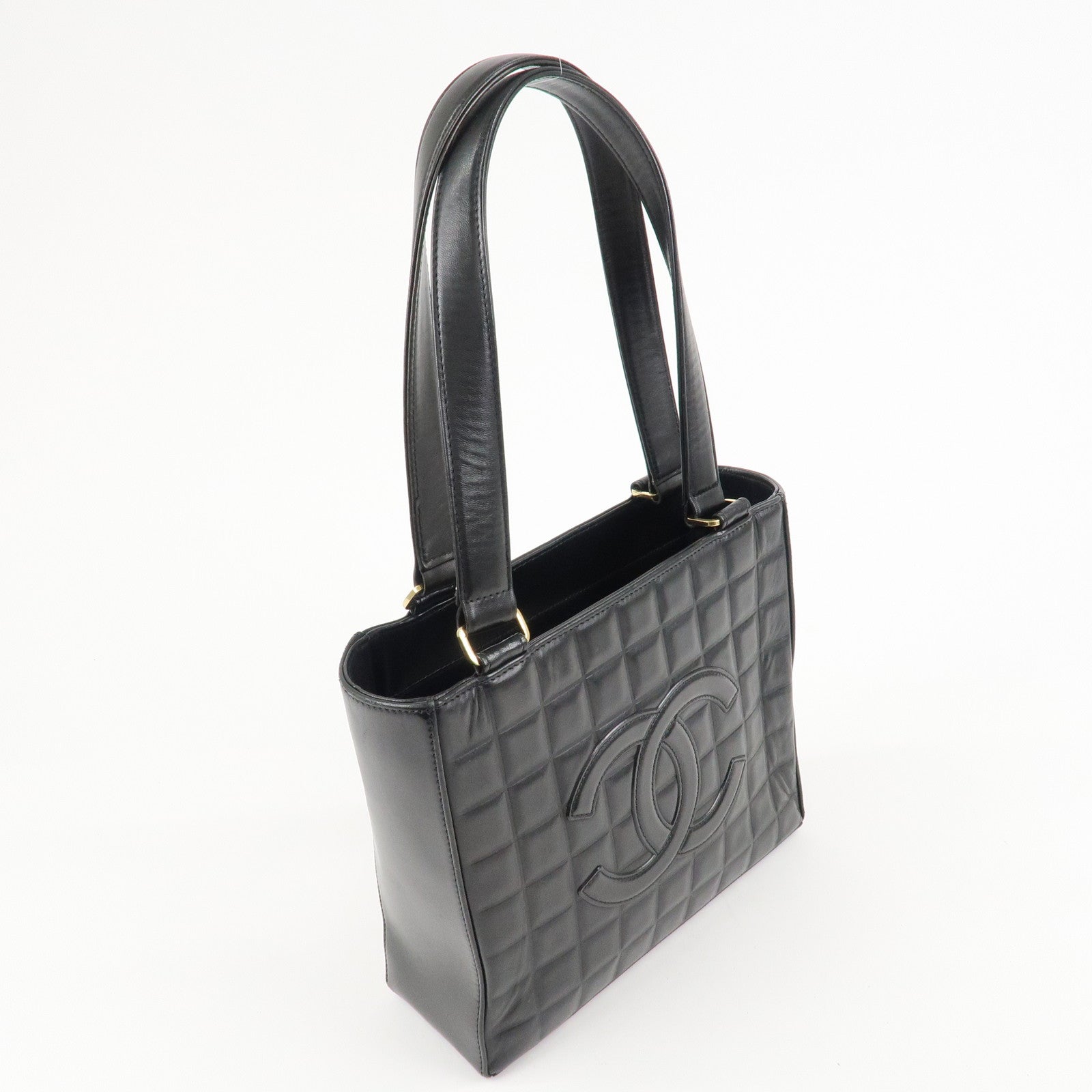 CHANEL Chocolate Bar Lamb Skin COCO Mark Tote Bag Hand Bag A17809 Used