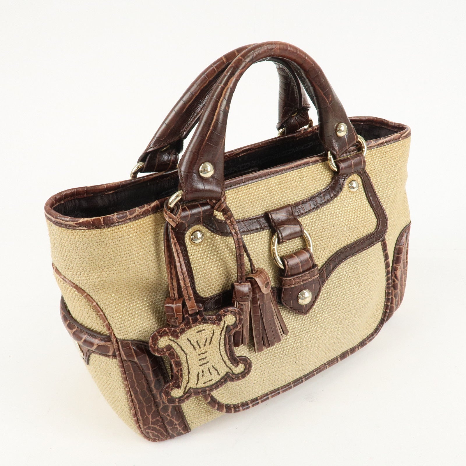 CELINE Straw Leather Boogie Bag Hand Bag Beige Brown Gold HDW Used