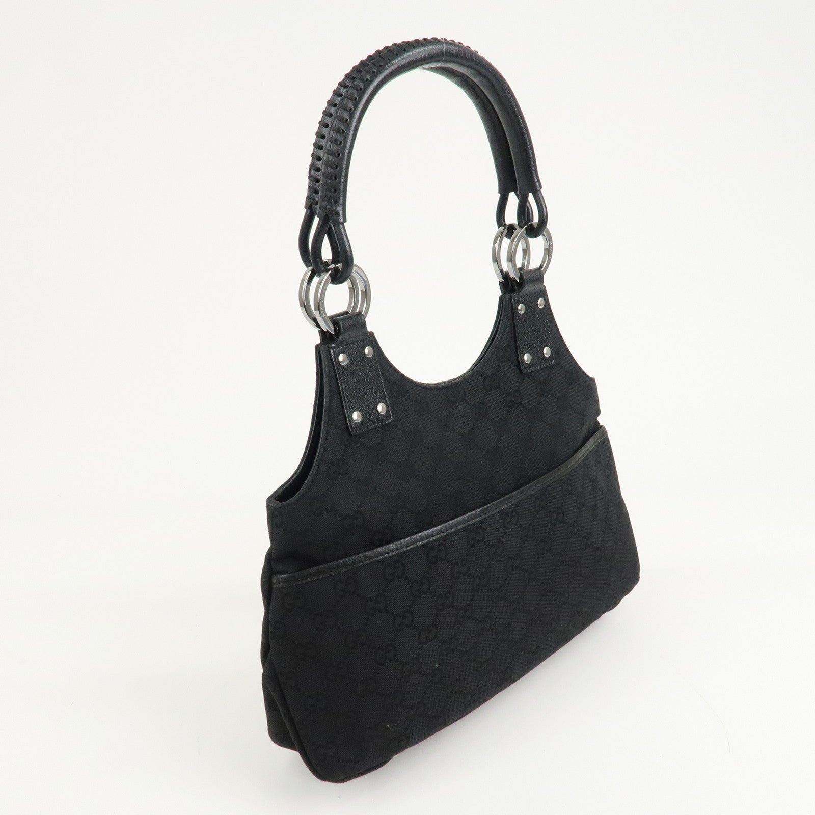GUCCI GG Canvas Leather Tote Bag Hand Bag Black 131329 Used
