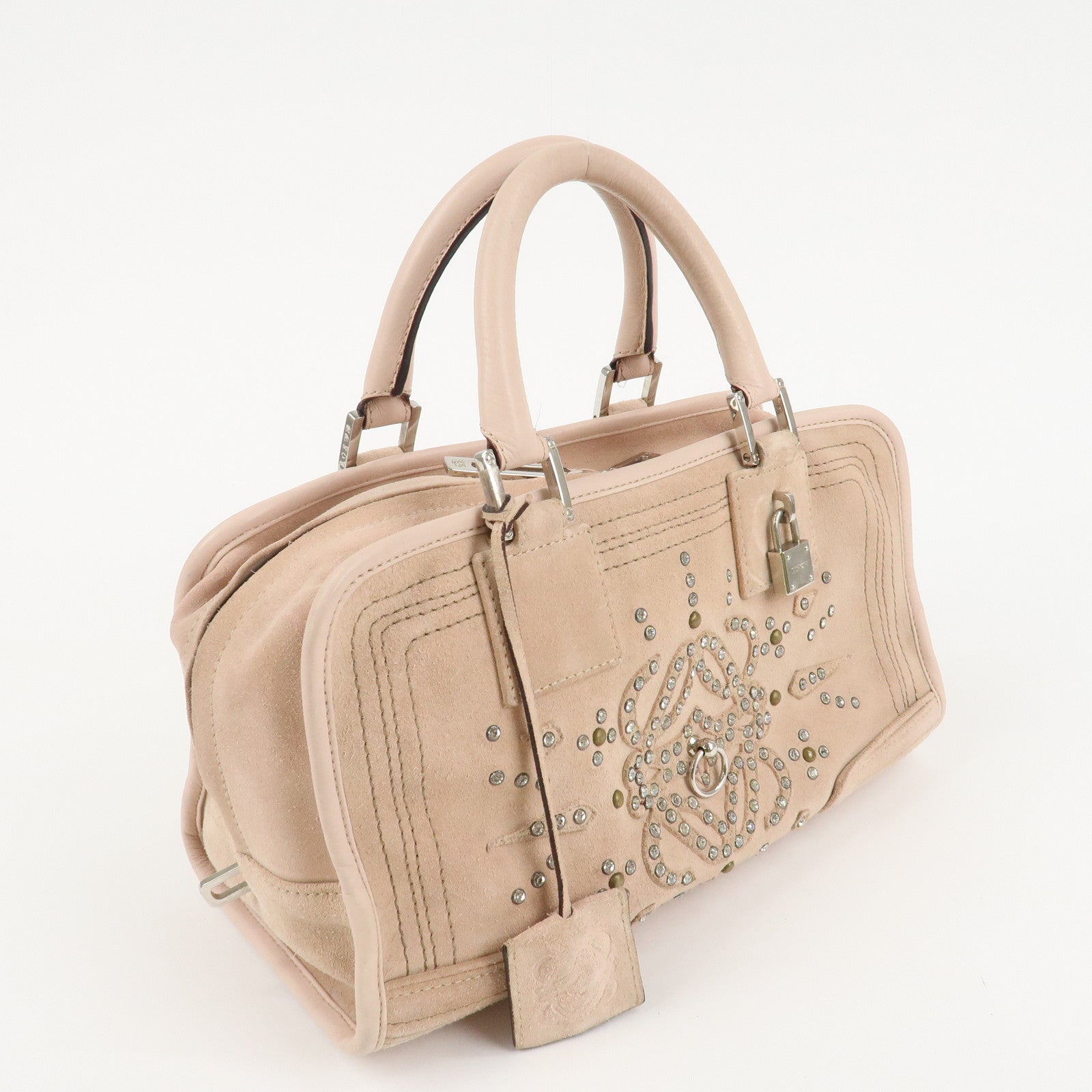LOEWE Suede Amazona 28 Bijou Hand Bag Beige Pink Silver Hardware Used