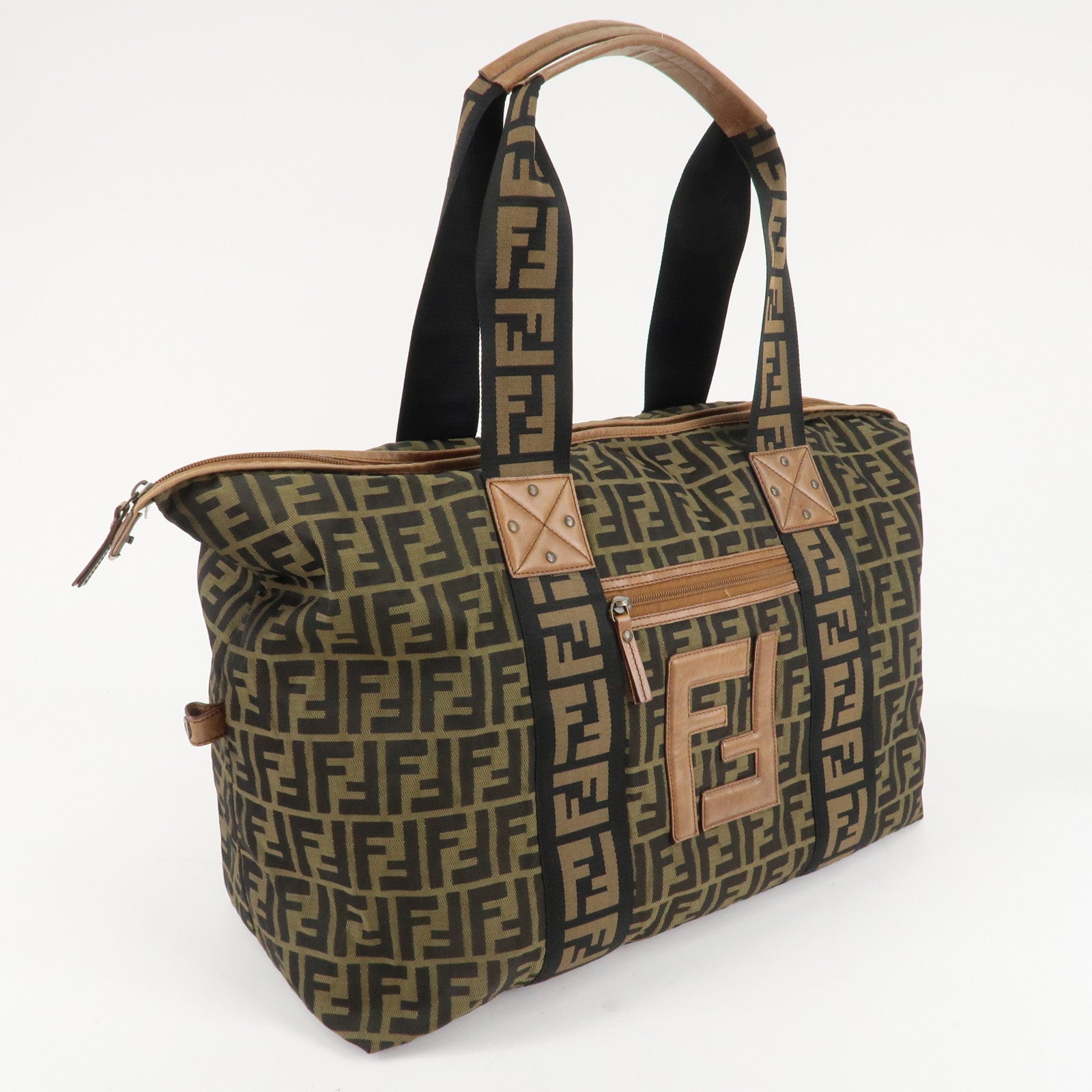 FENDI Zucca Nylon Leather Boston Bag Brown Black 7VS071 Used
